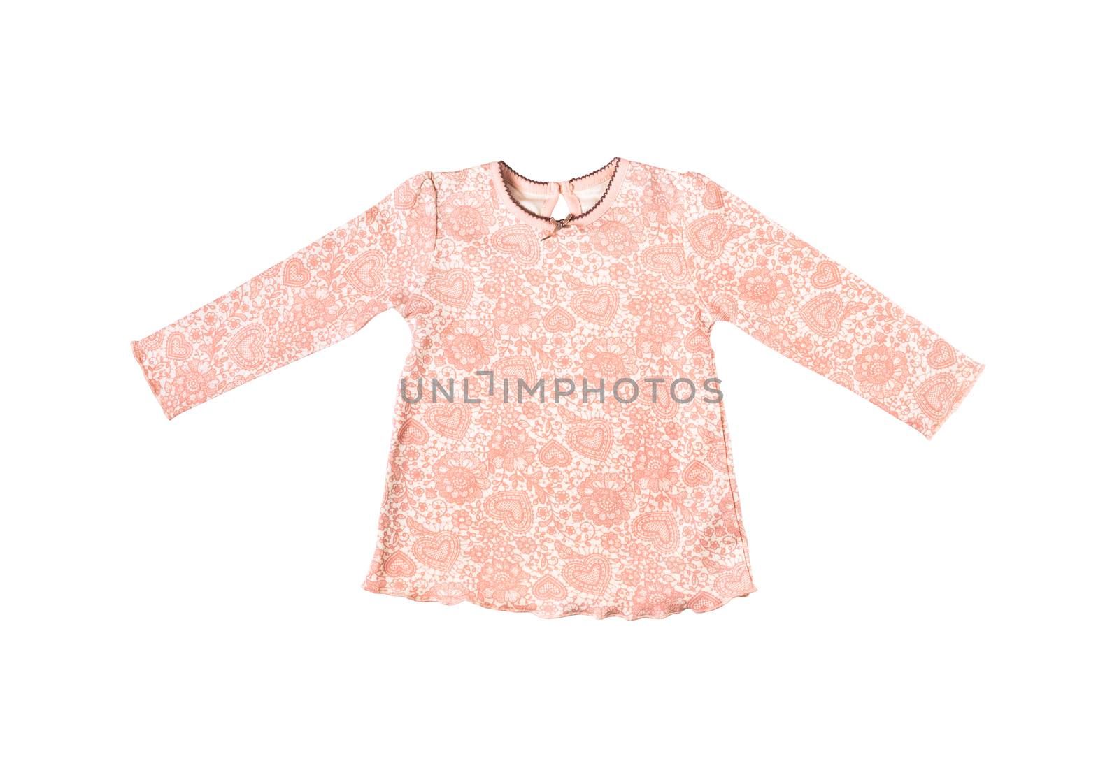 the little girl's pink tshirt with long sleeves in flowers and hearts print, cotton blouse for spring and summer wardrobe isolated on white background