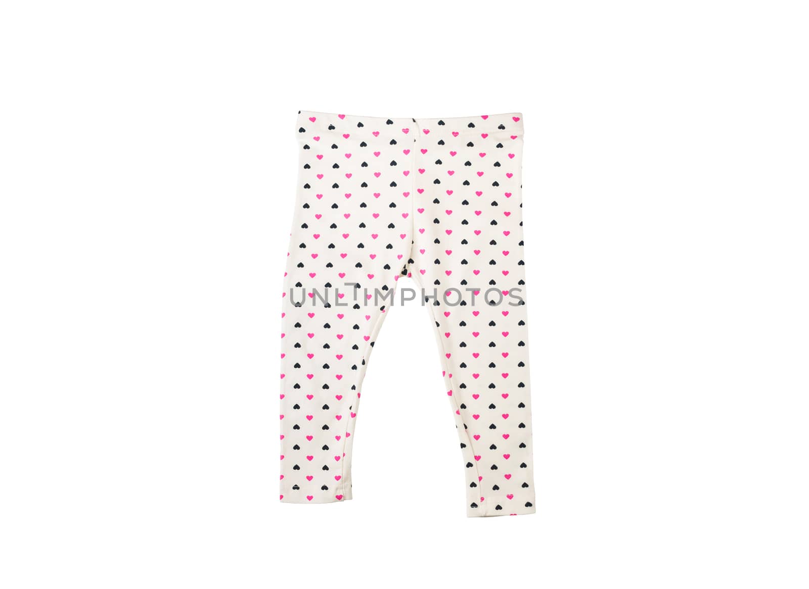 a baby white pants in pink and black hearts print for spring and summer wardrobe isolated on a white background