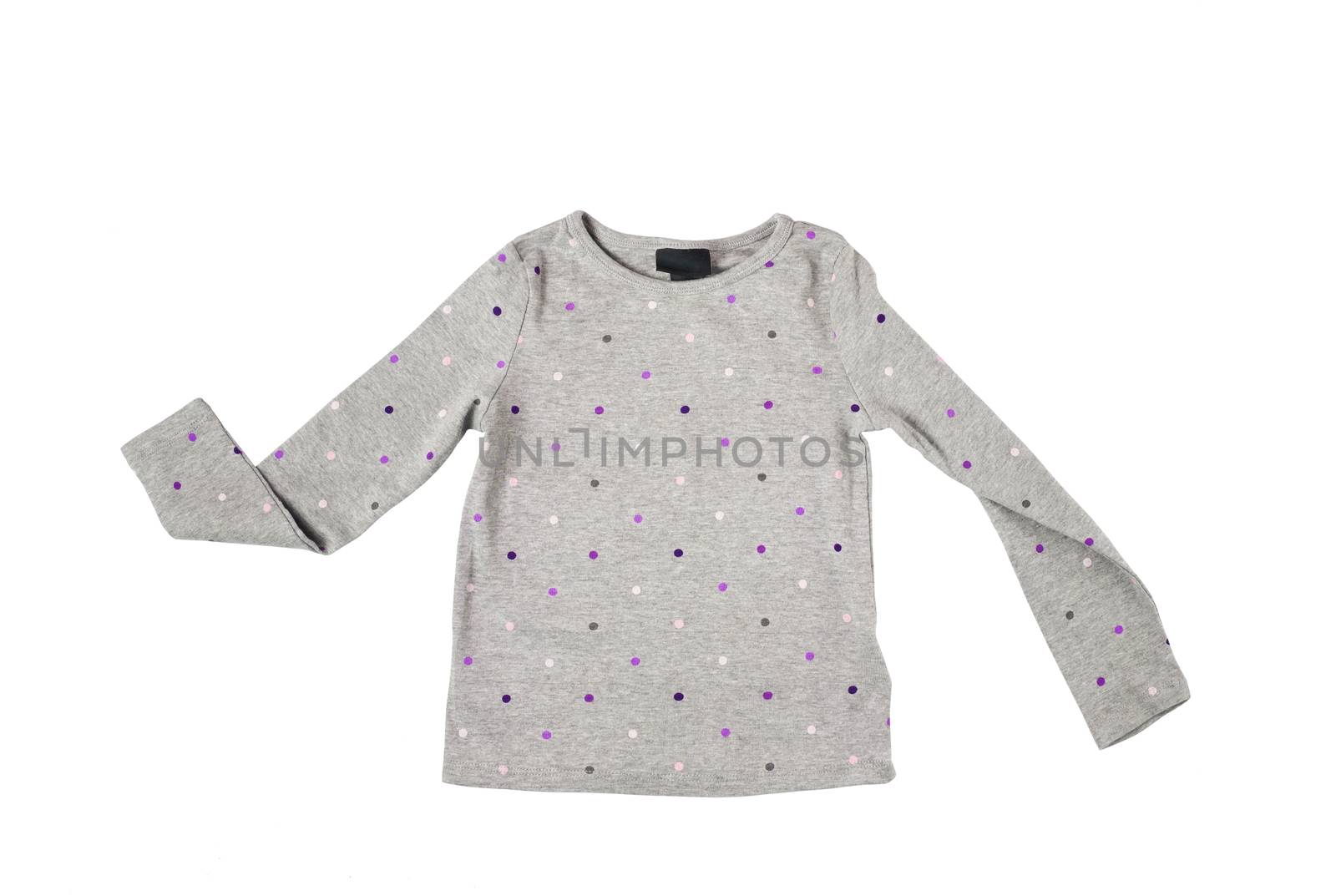 the little girl's gray tshirt with long sleeves in pink, purple polka dots print, cotton blouse for spring and summer wardrobe isolated on white background