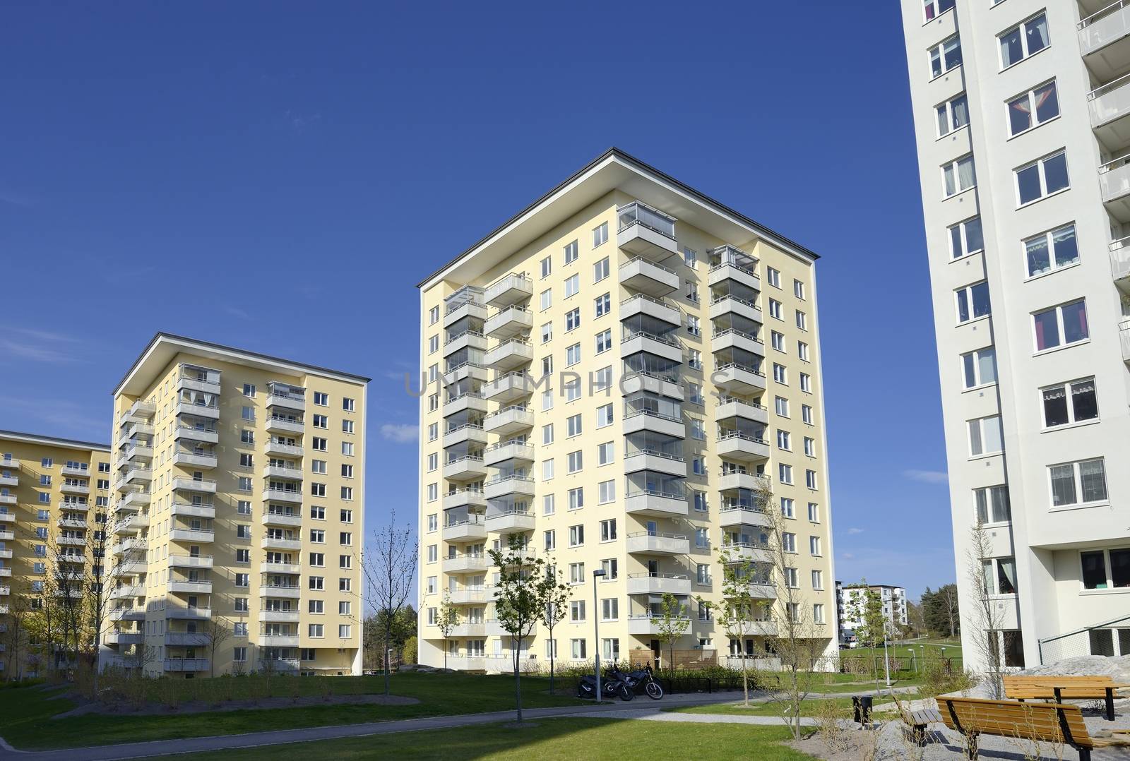 Modern apartment buildings in new neighborhood.