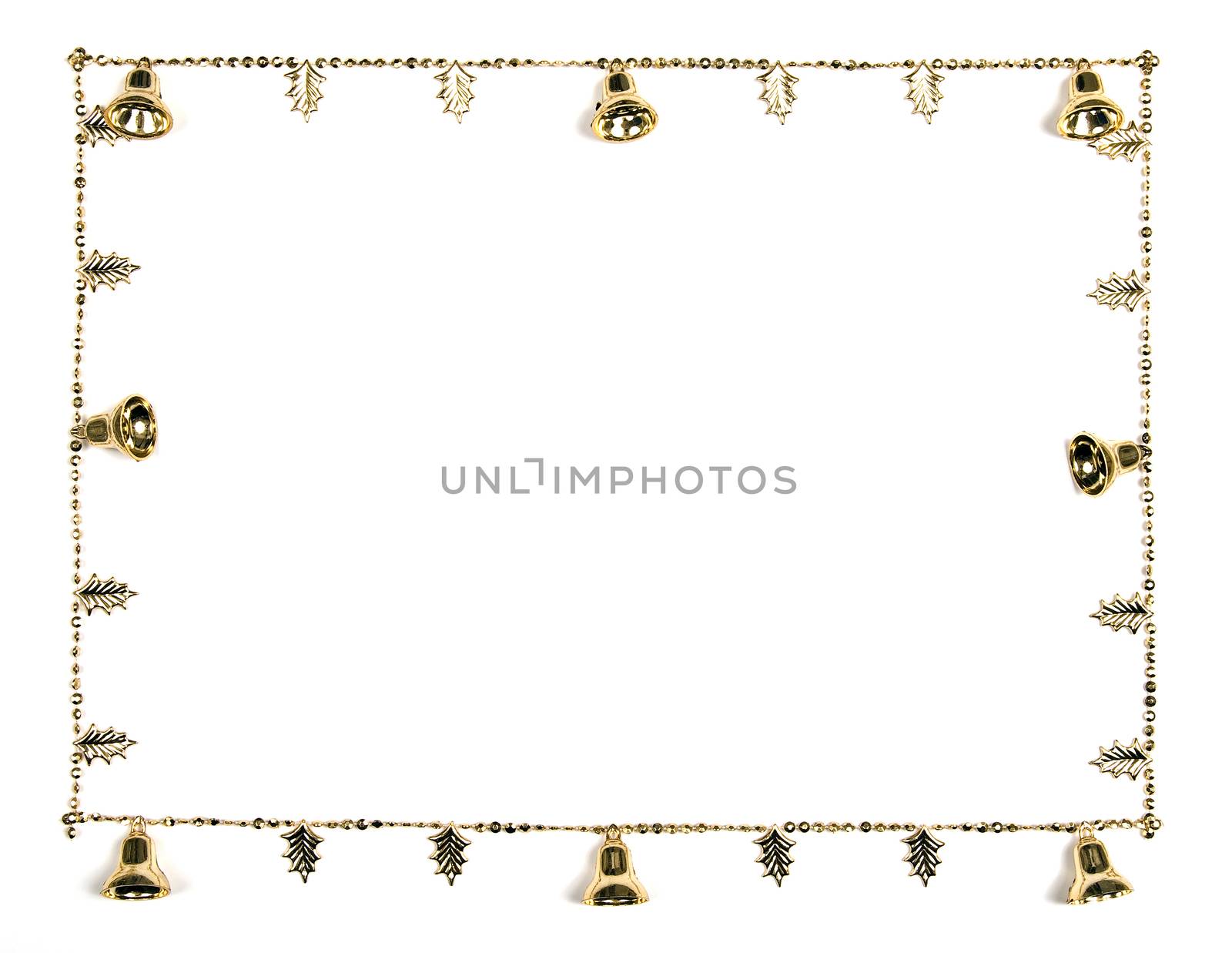 Horizontal shot of golden Christmas bells and leaves border on a white background