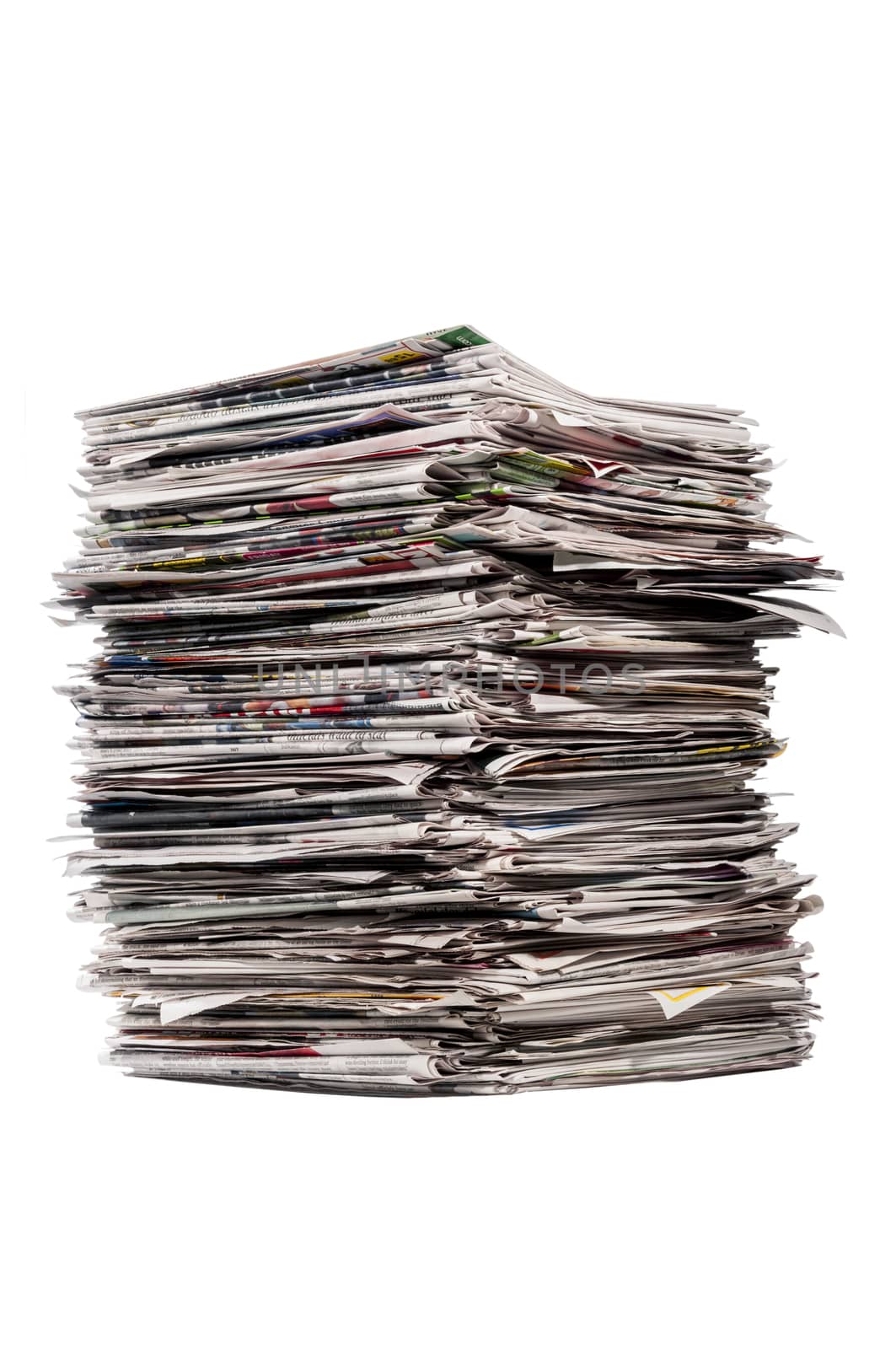 Vertical shot of a tall stack of newspapers.  Isolated on white with small shadow around the base.