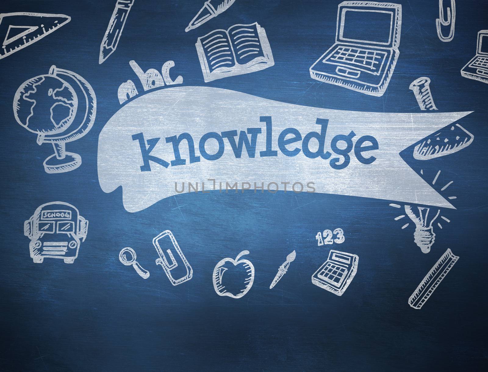 The word knowledge and education doodles against blue chalkboard