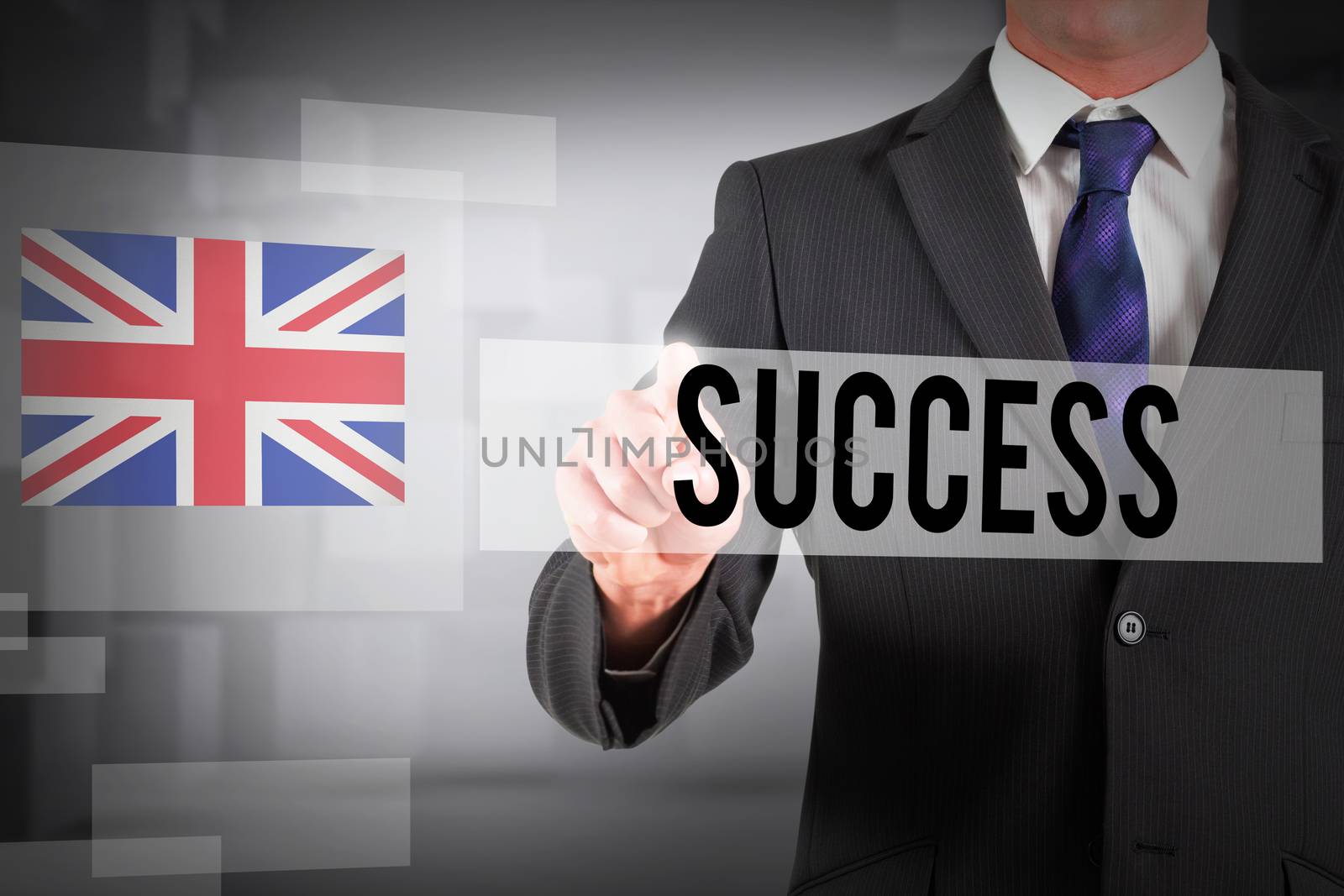 The word success and businessman in suit pointing finger against abstract white room