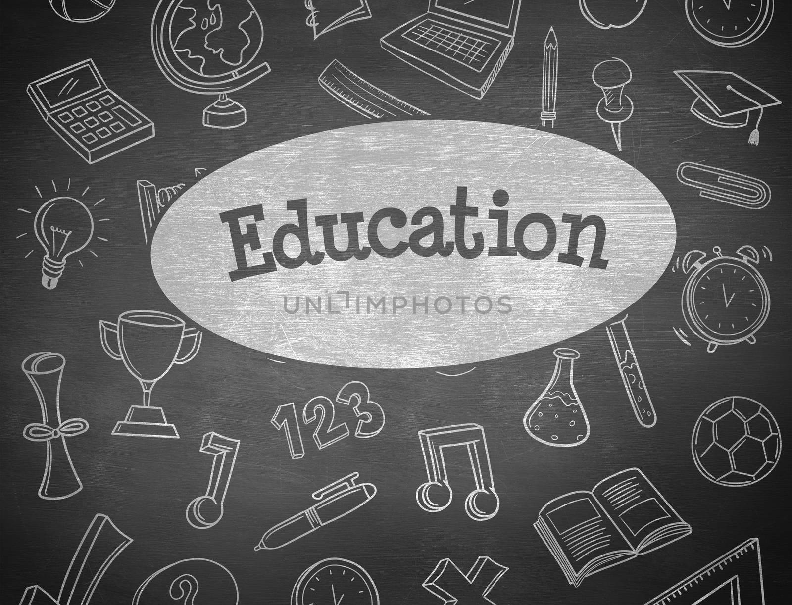 The word education and school doodles against black background