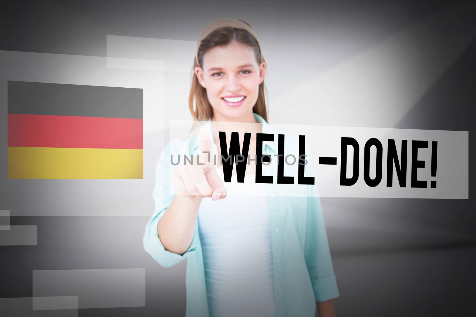 The word well-done! and pretty hipster pointing with her finger  against abstract white room