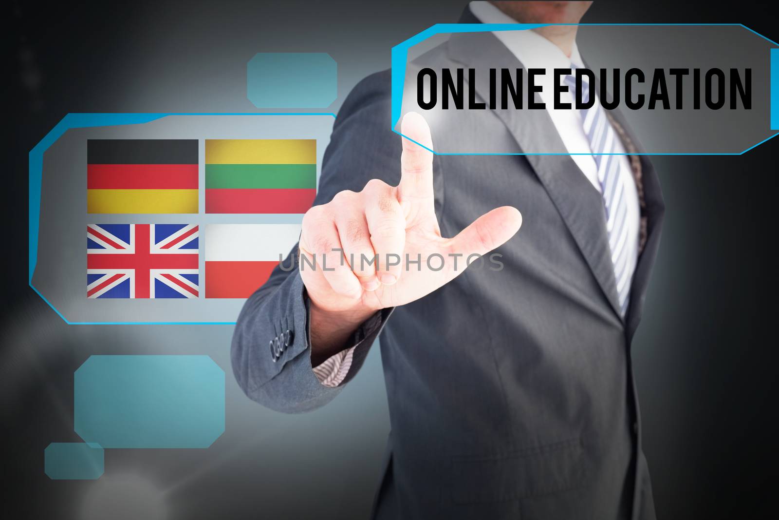 The word online education and businessman pointing with his finger against blue background with vignette