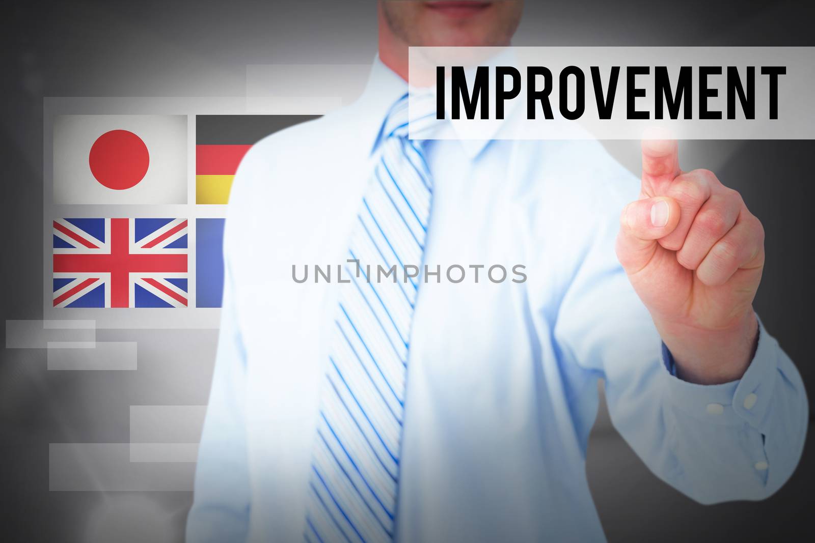 The word improvement and businessman in shirt pointing with his finger against abstract white room