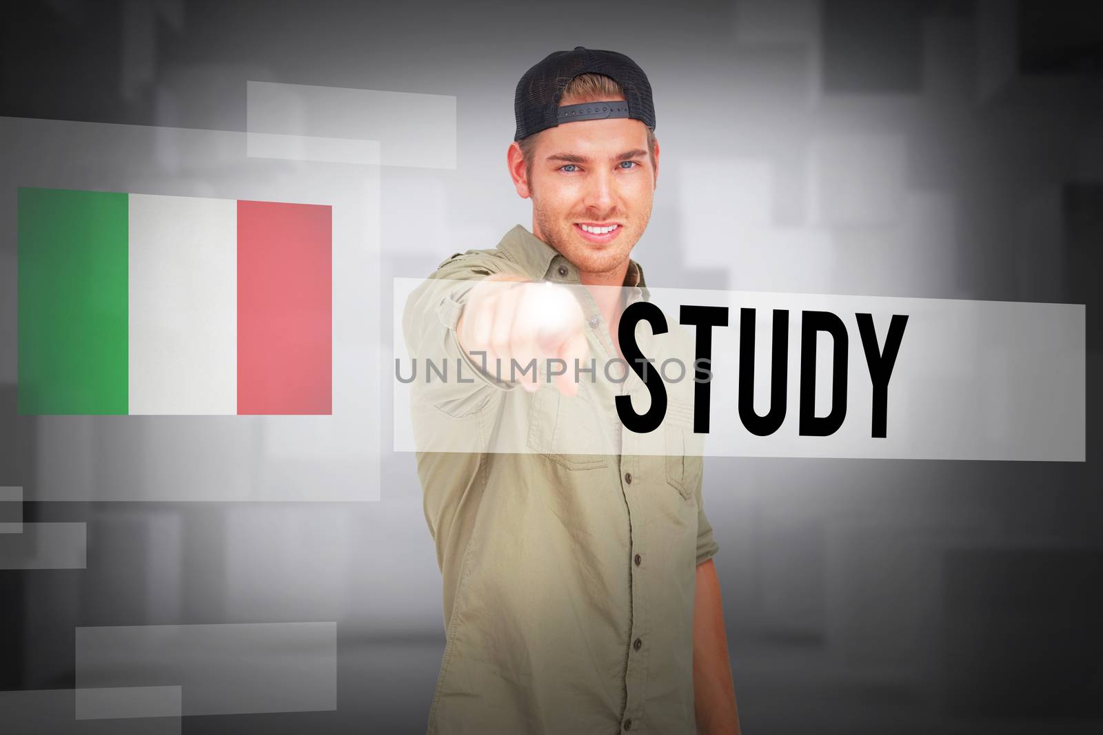 The word study and man smiling and wearing baseball hat backwards and pointing against abstract white room