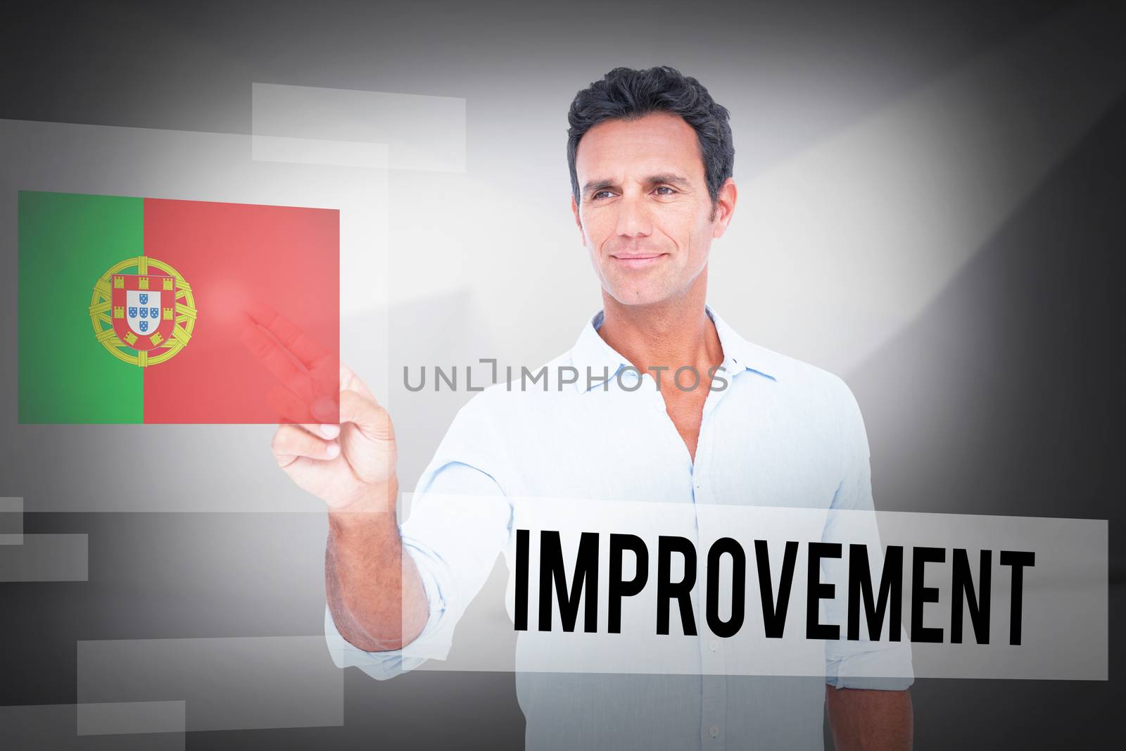 The word improvement and handsome man making gun gesture against abstract white room