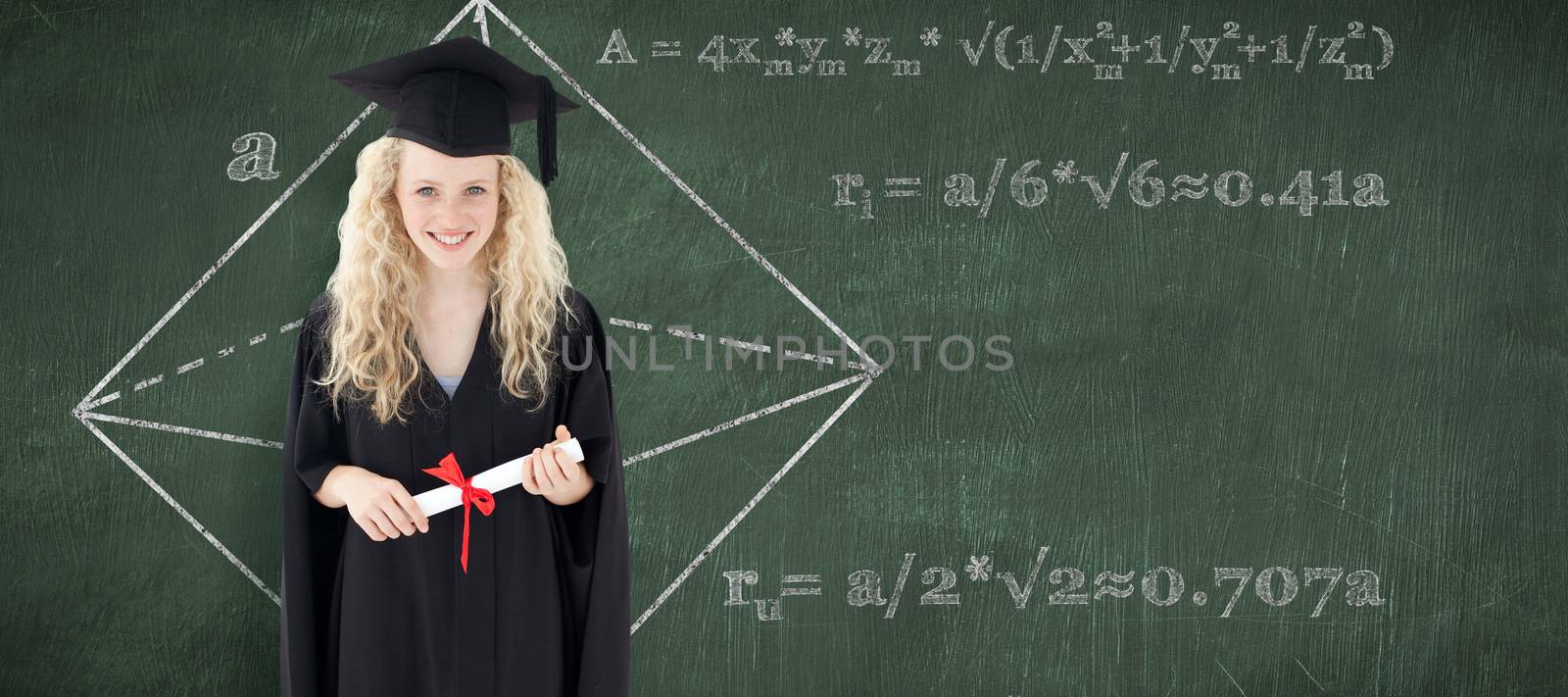 Teenage Girl Celebrating Graduation against green chalkboard