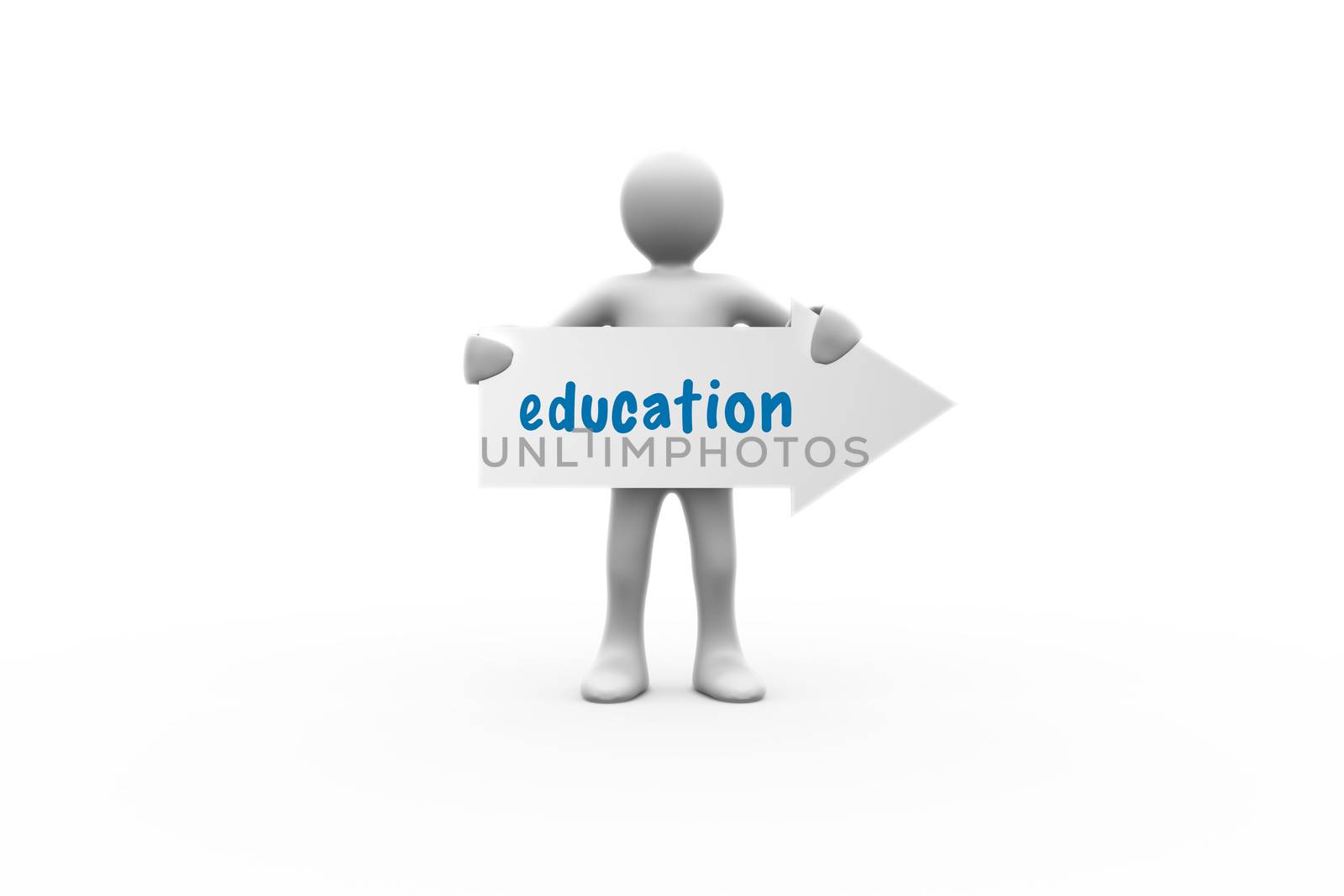 The word education and human representation holding arrow sign against white background with vignette