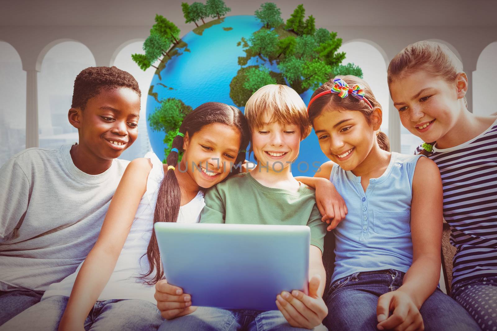 Composite image of happy children using digital tablet at park by Wavebreakmedia