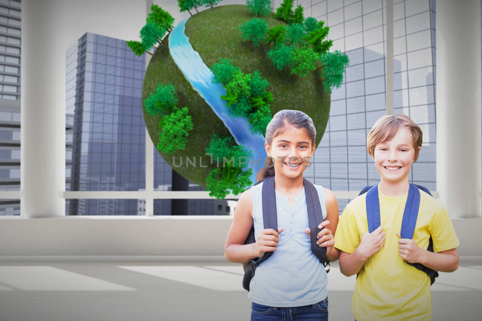 School kids against earth with trees floating in room