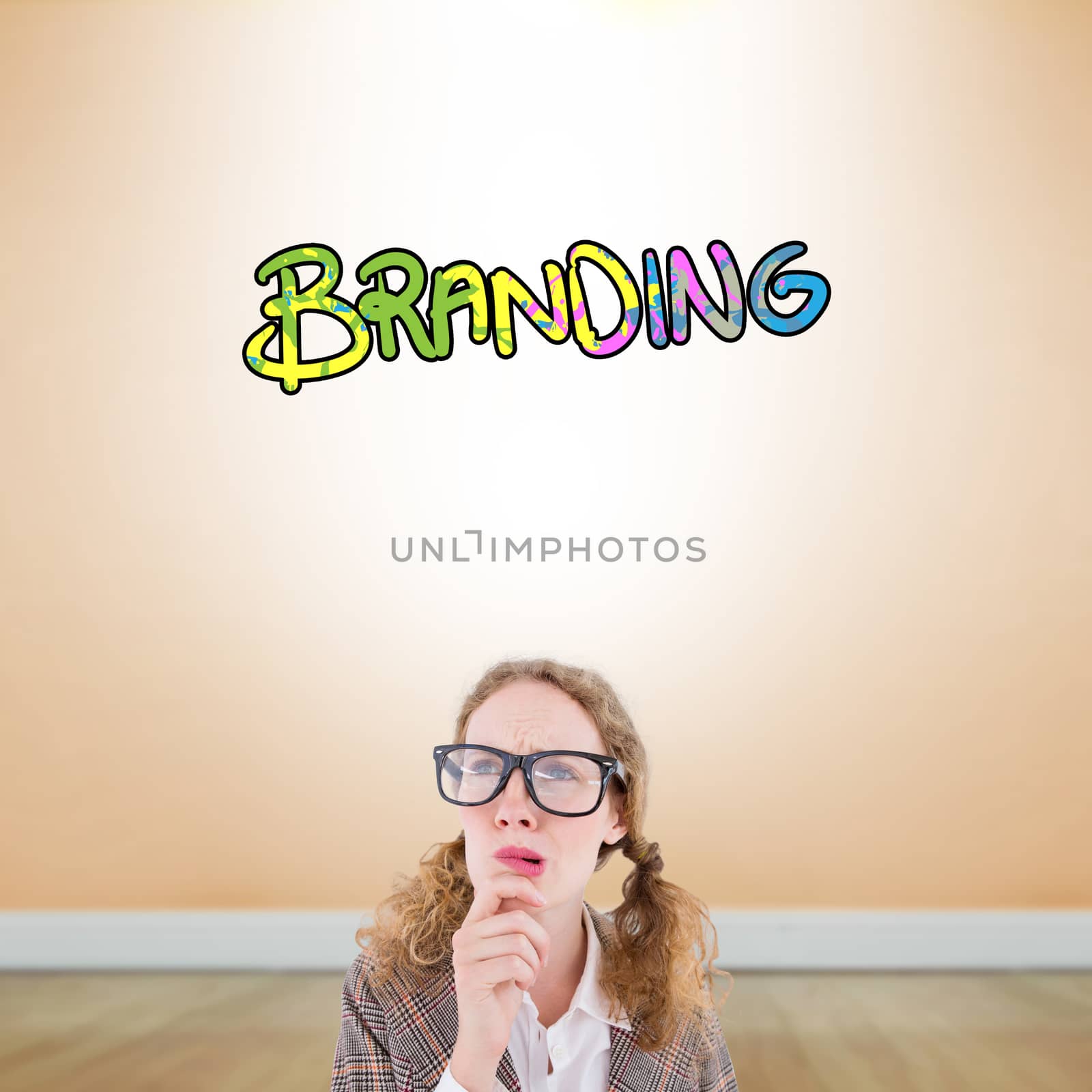 Composite image of geeky hipster woman thinking with hand on chin by Wavebreakmedia