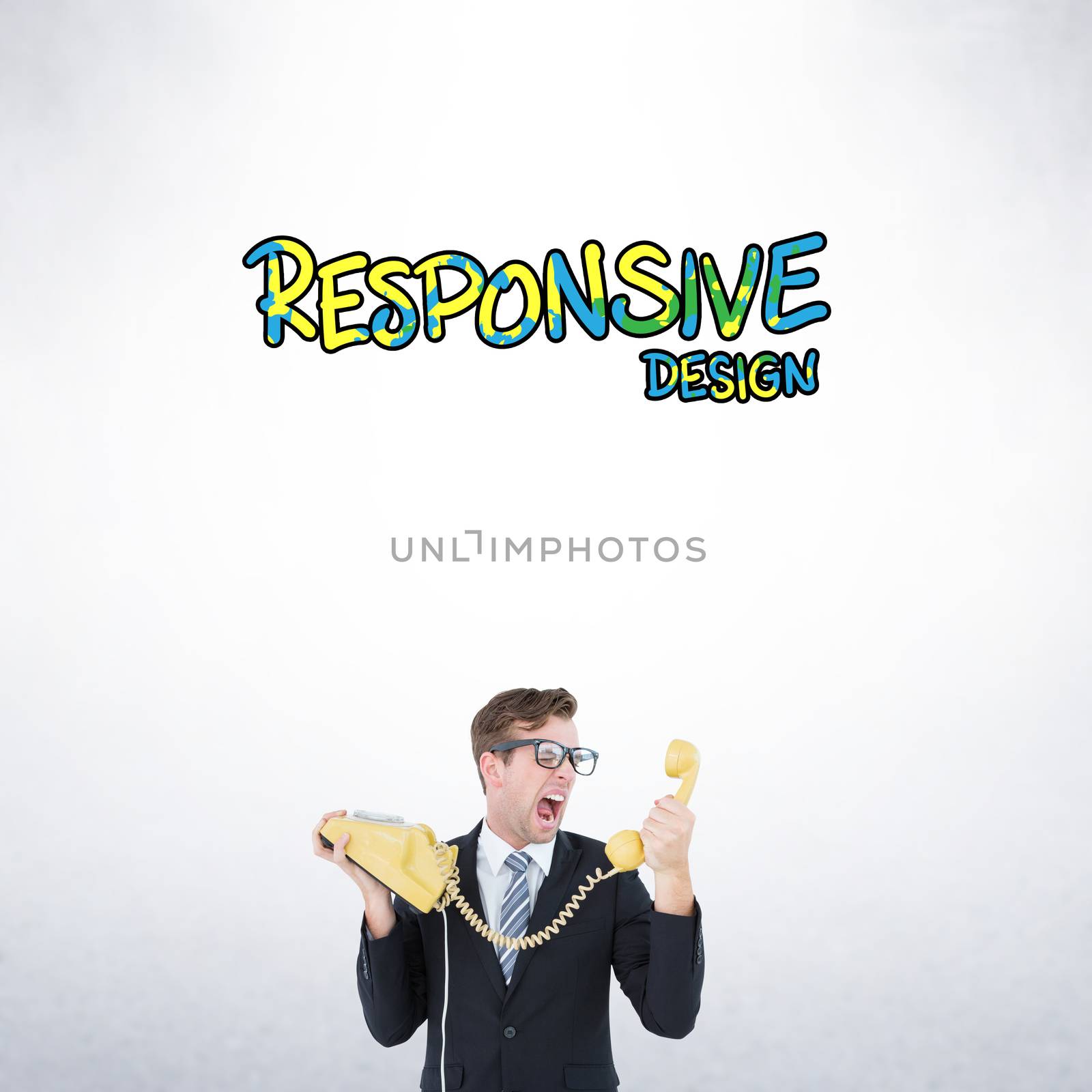 Composite image of geeky businessman shouting at telephone by Wavebreakmedia