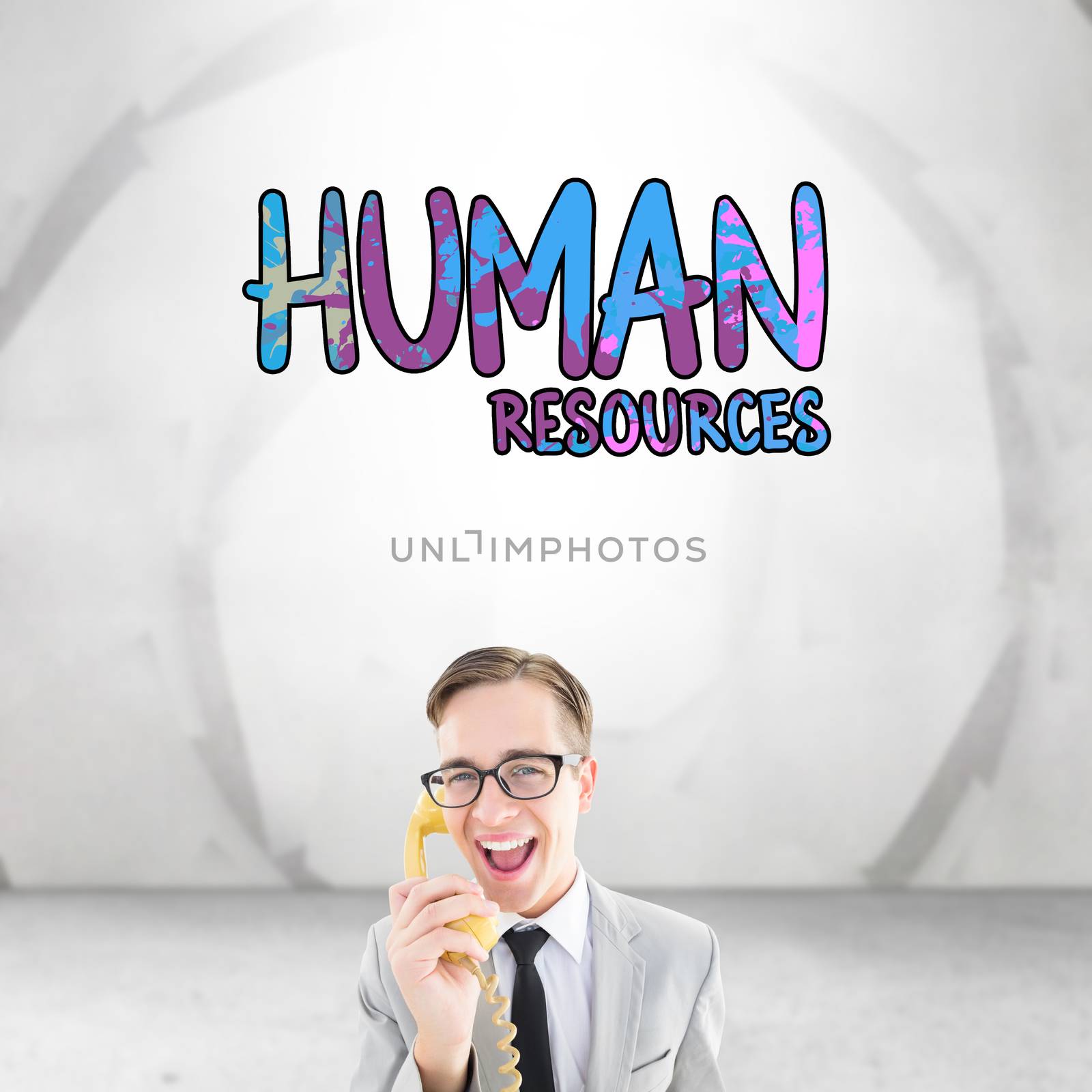 Composite image of geeky businessman talking on retro phone by Wavebreakmedia