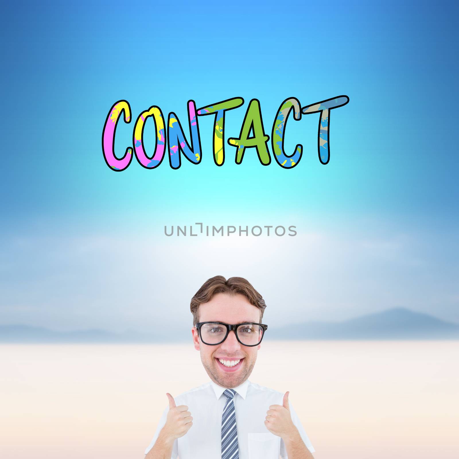 Geeky businessman with thumbs up against serene landscape