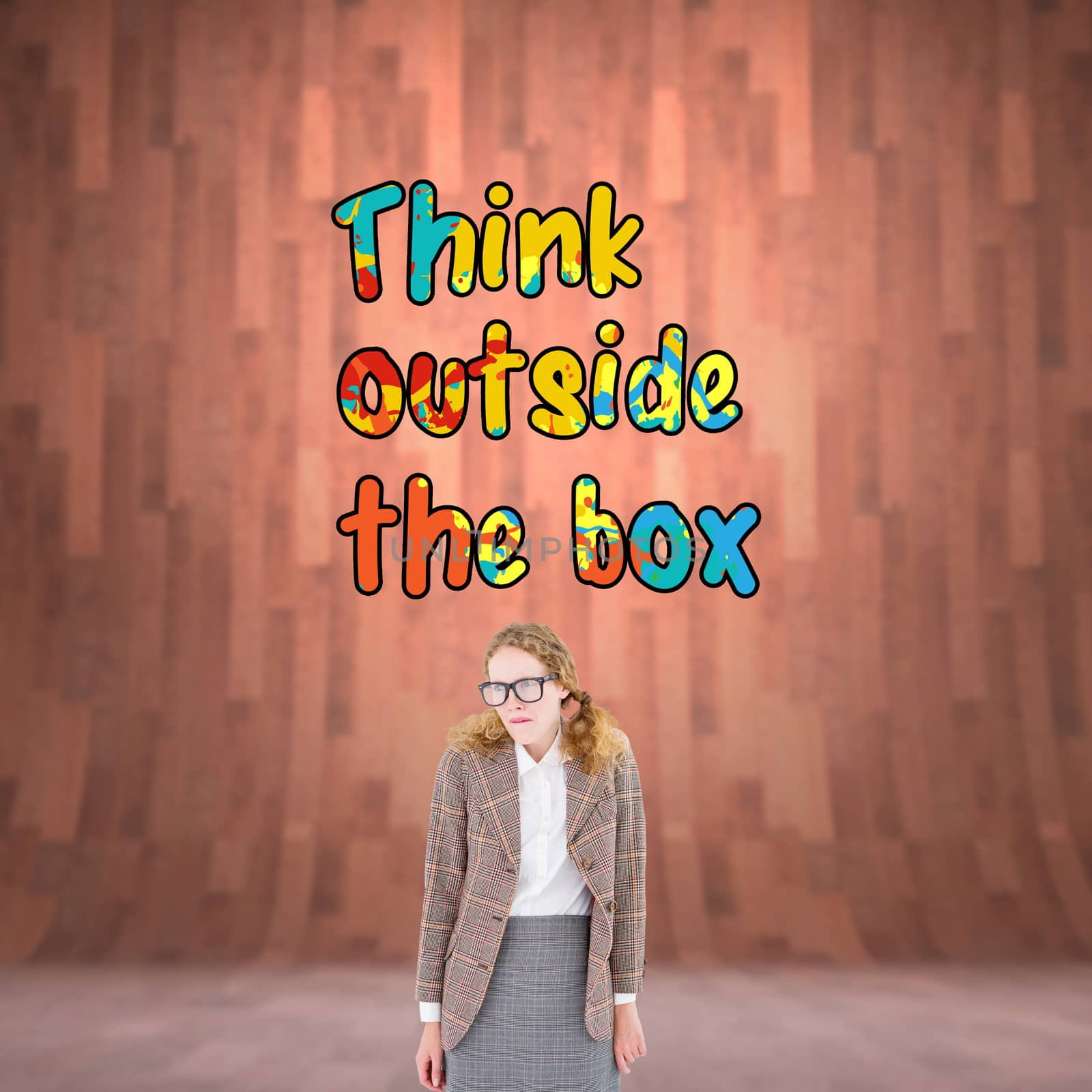 Geeky hipster woman looking nervous against curved wooden room