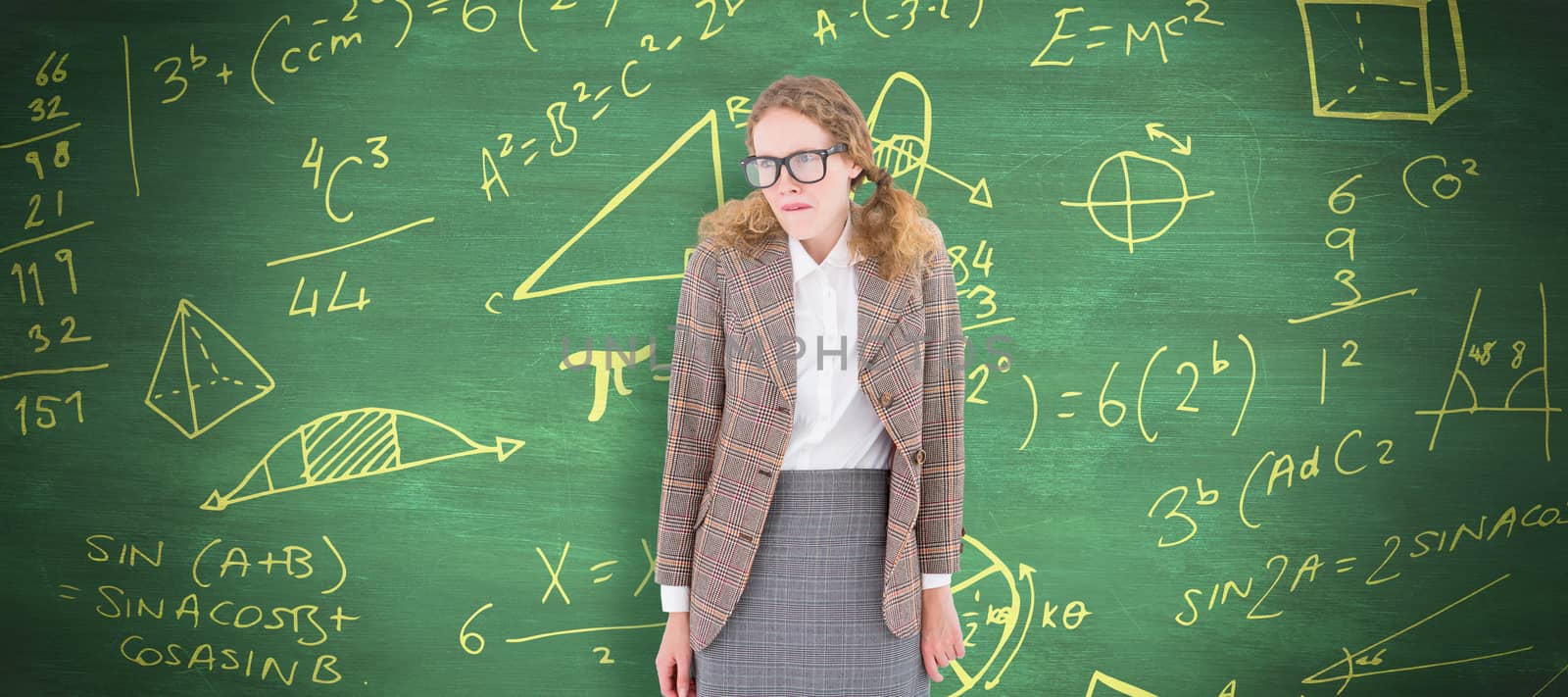 Geeky hipster woman looking nervous against green chalkboard