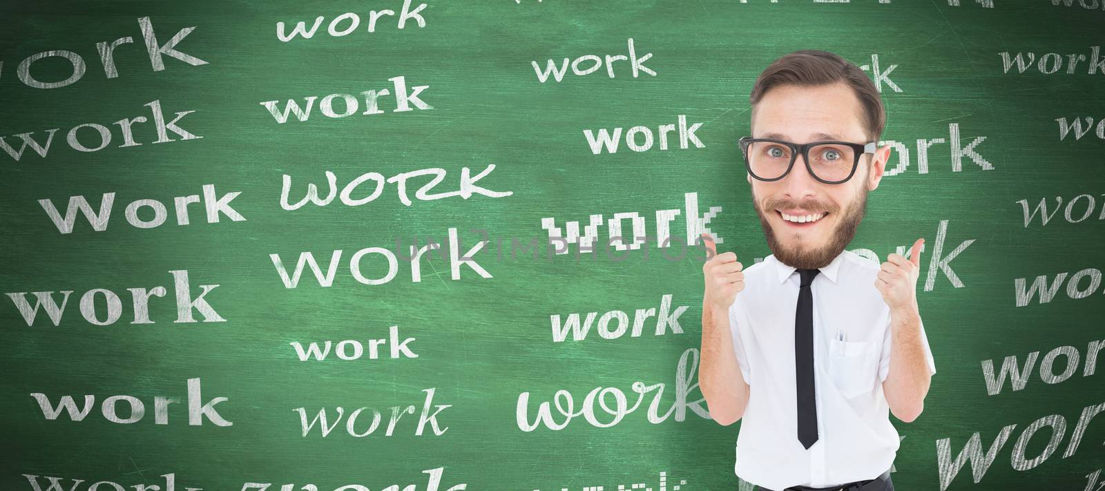 Geeky businessman with thumbs up against green chalkboard