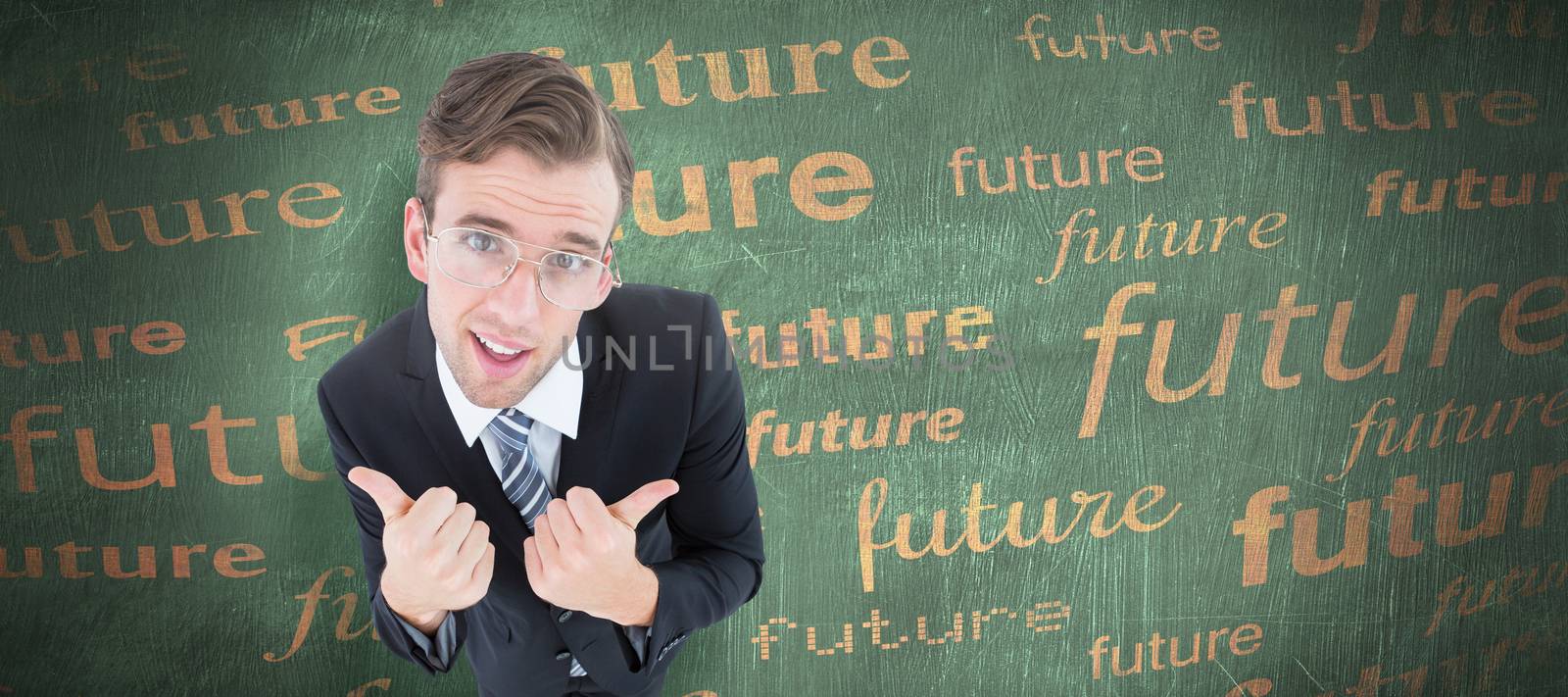 Geeky businessman with thumbs up  against green chalkboard