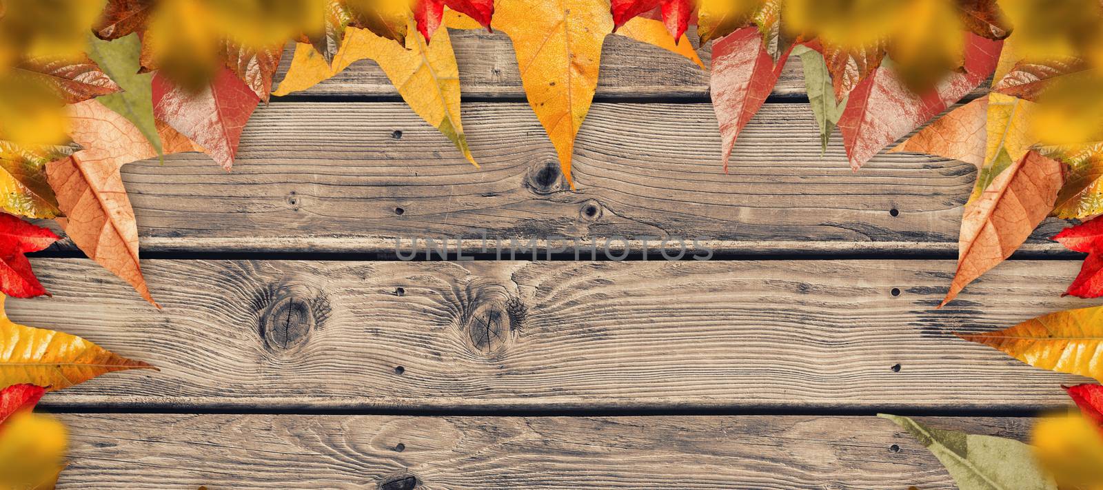 Autumn leaves pattern against wooden planks background