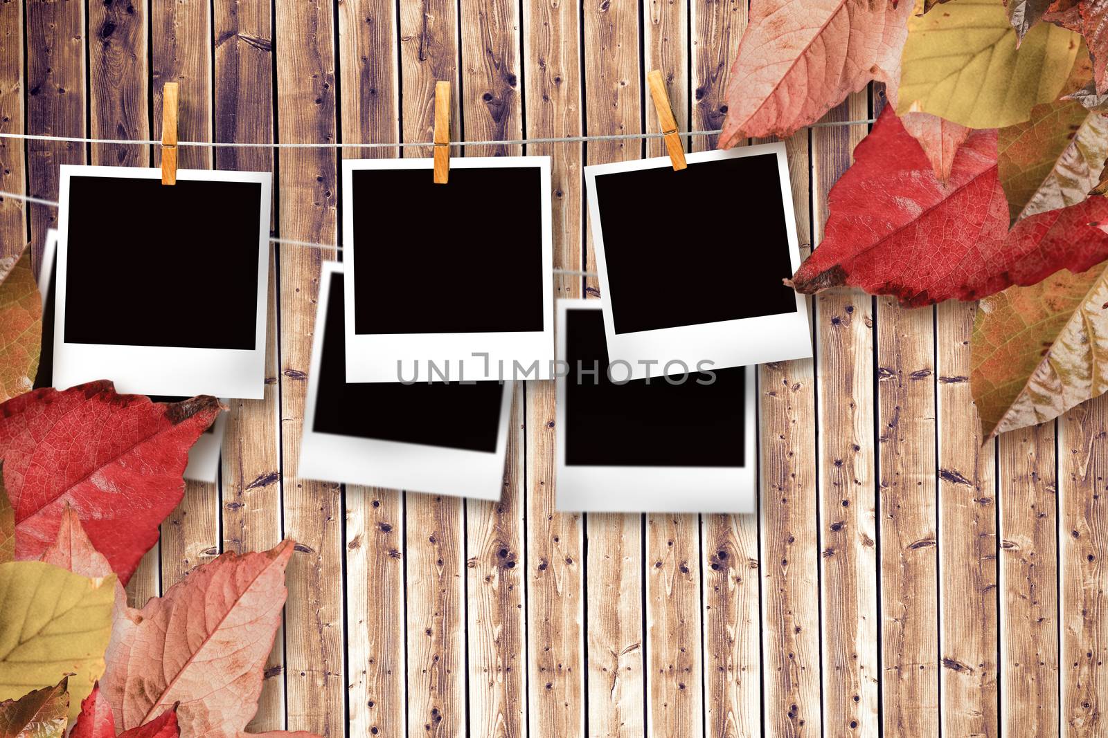 Autumn leaves pattern against wooden planks background