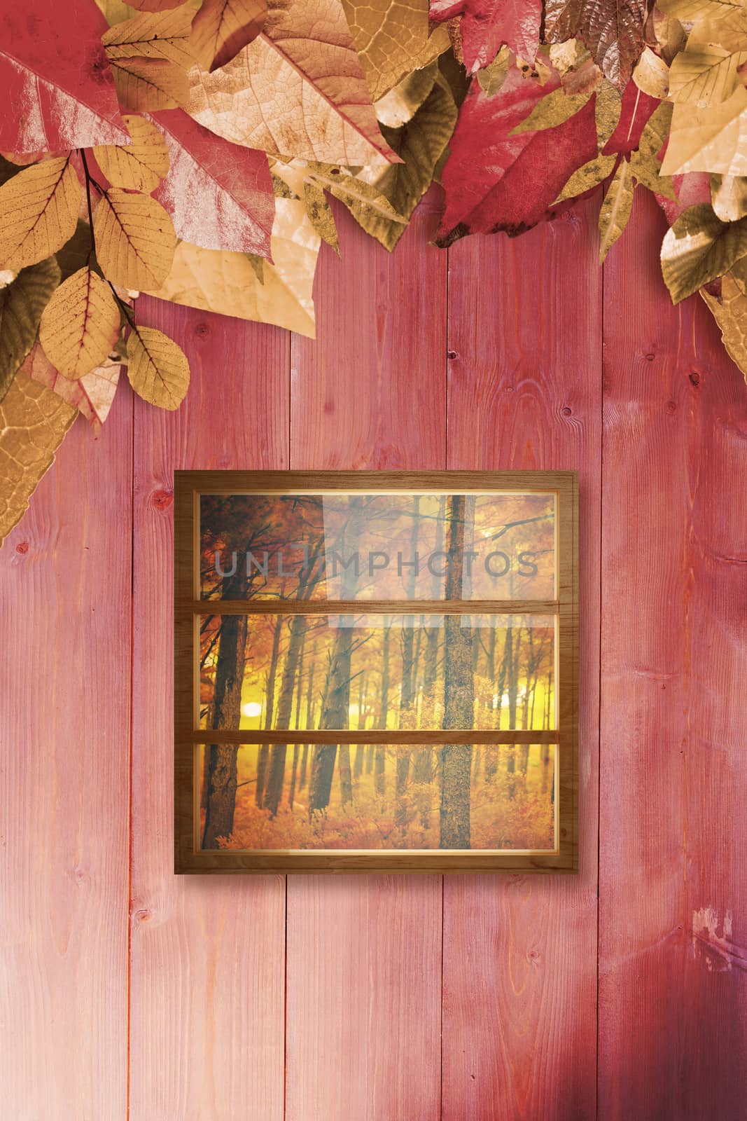 Composite image of closed glass window against autumn leaves pattern