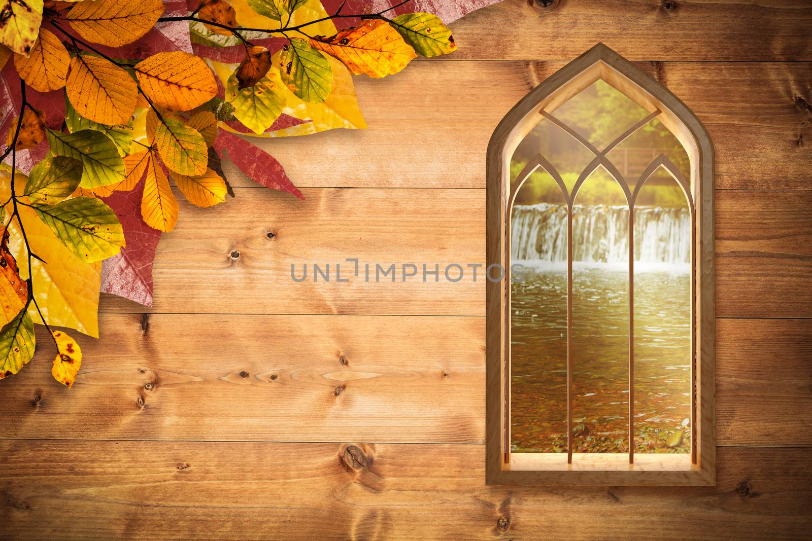 Window against white background against autumn scene