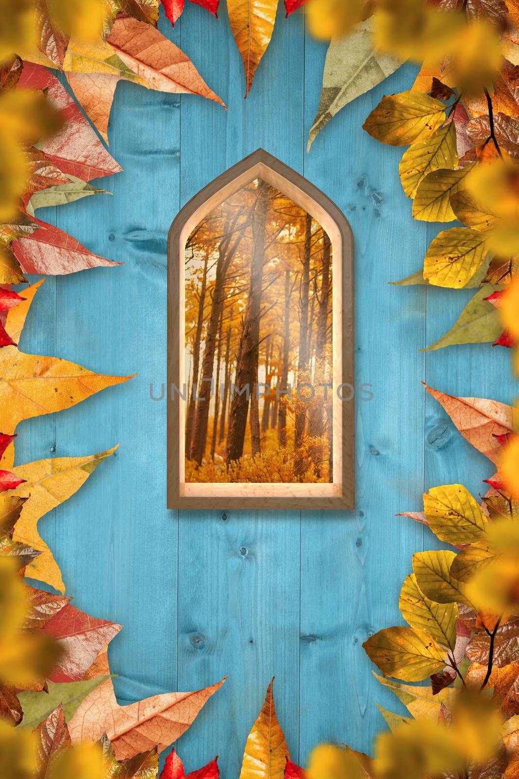 Arch shape window against autumn leaves pattern