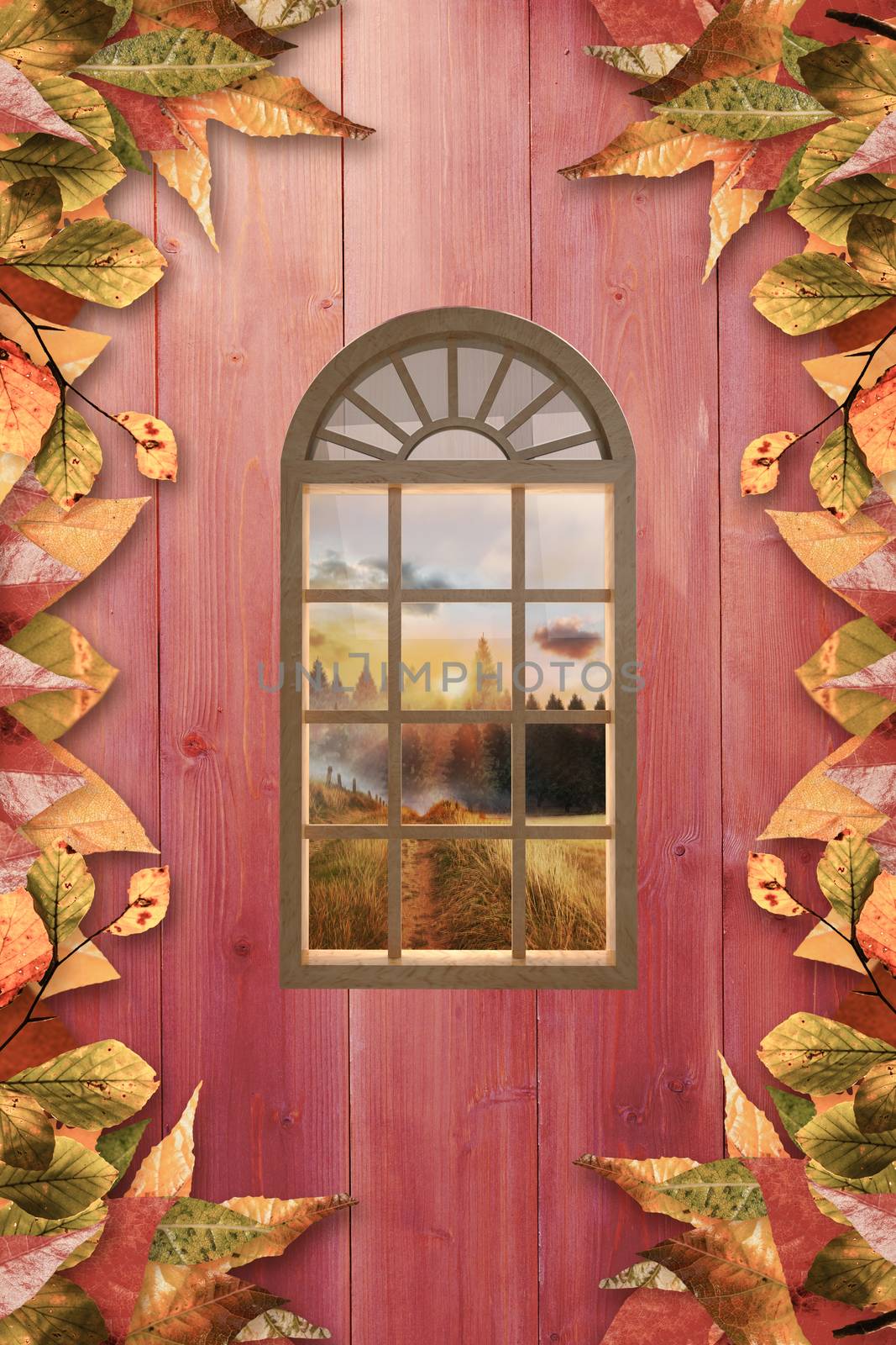 Digitally generated image of arch window against autumn leaves on wood