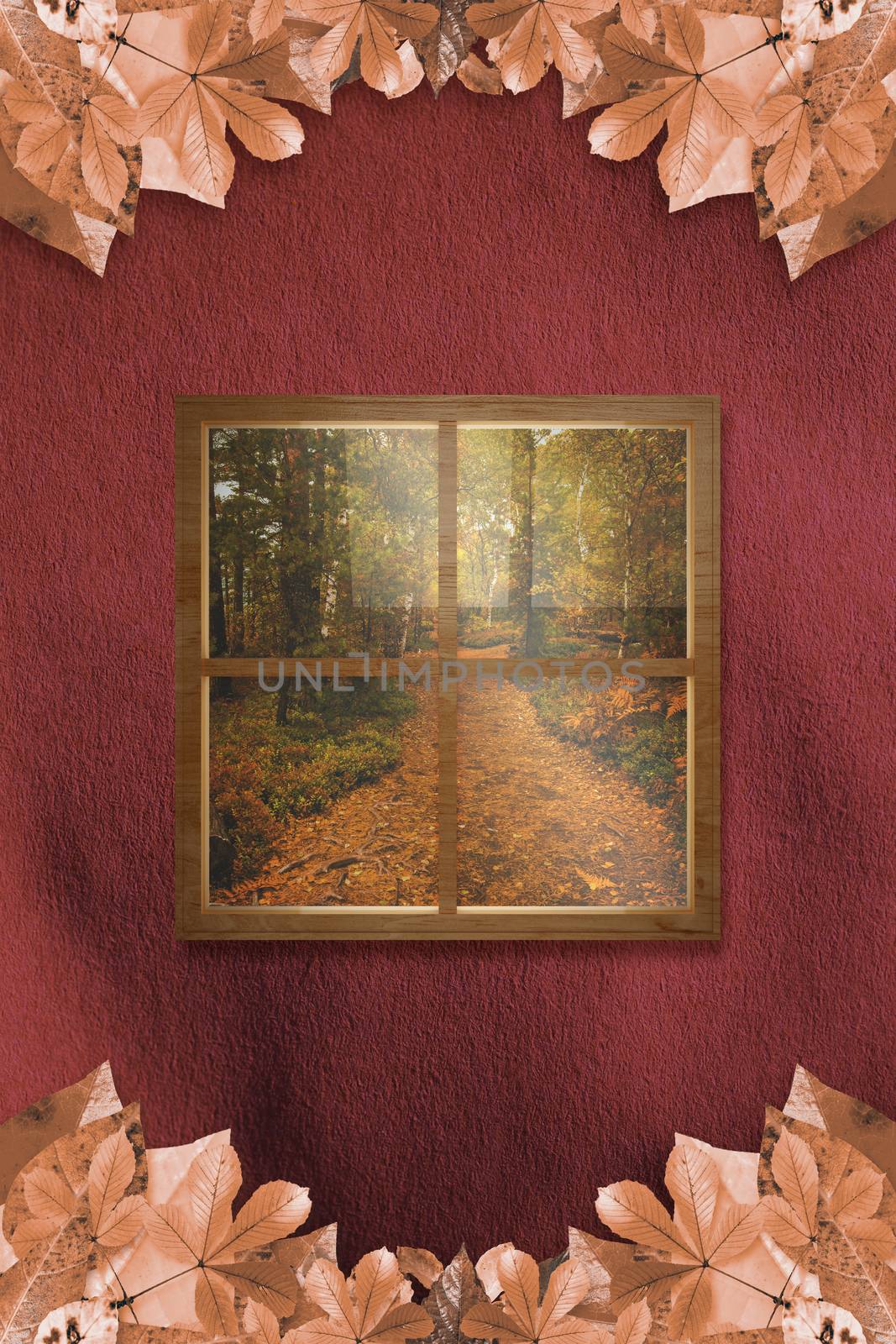 Square shape glass window against autumn leaves pattern