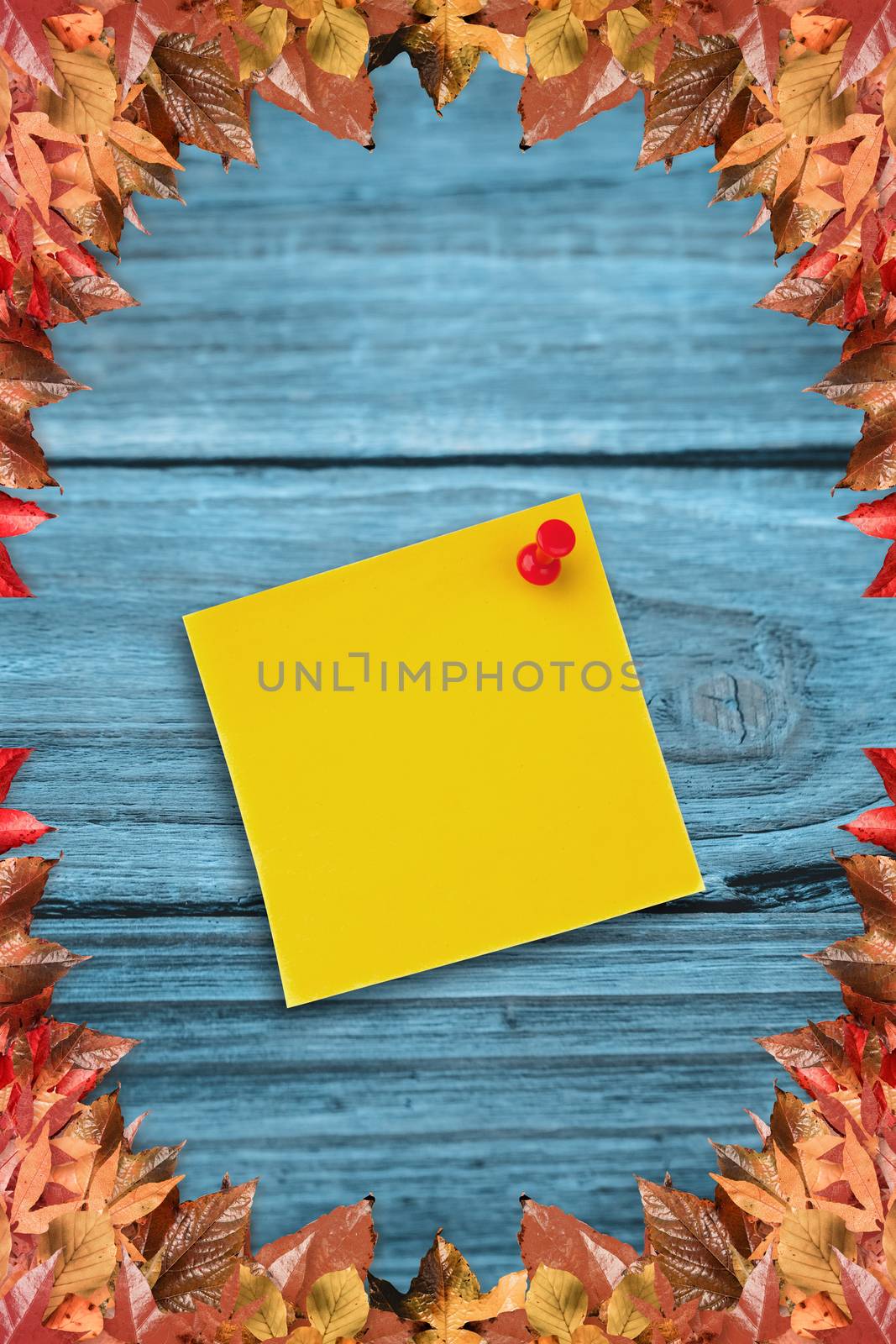 Digital image of pushpin on yellow paper  against autumn leaves pattern