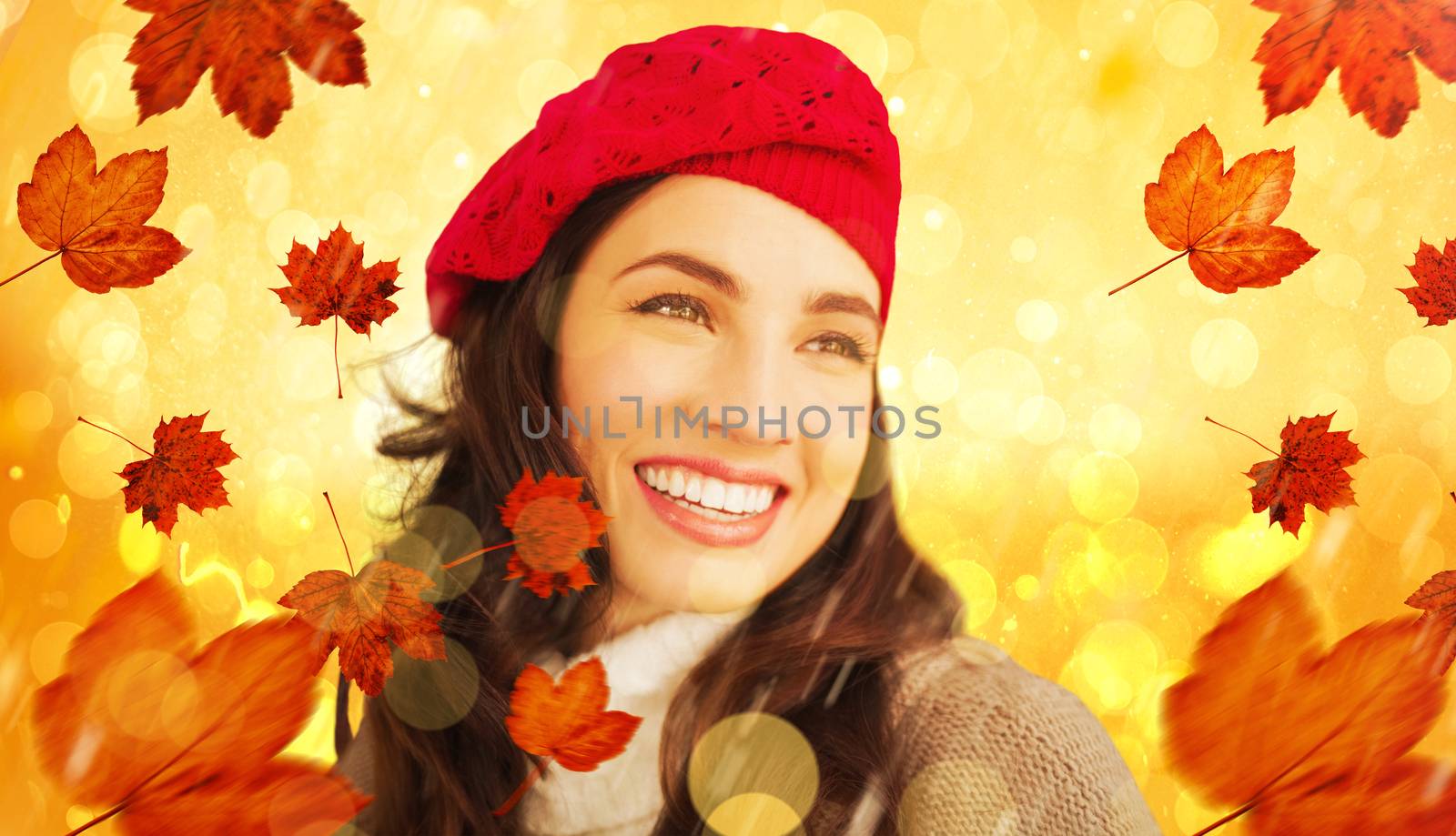 Smiling brunette against yellow abstract light spot design