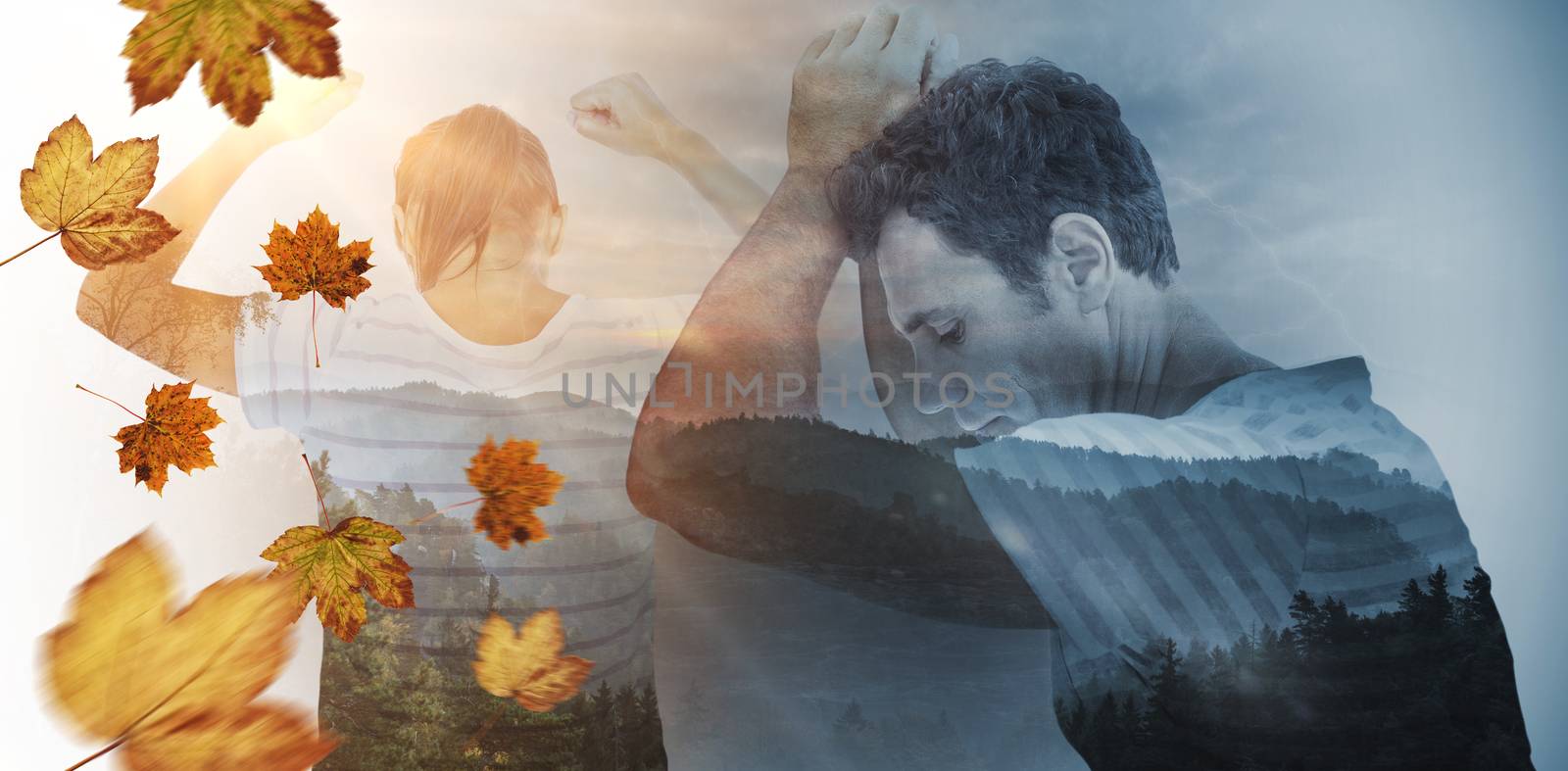 Composite image of depressed woman with hands raised by Wavebreakmedia