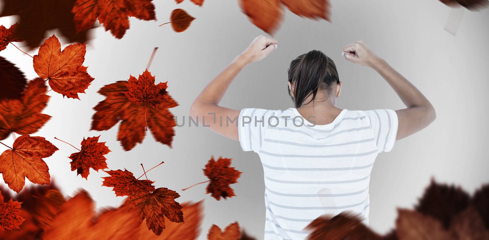 Composite image of depressed woman with hands raised by Wavebreakmedia