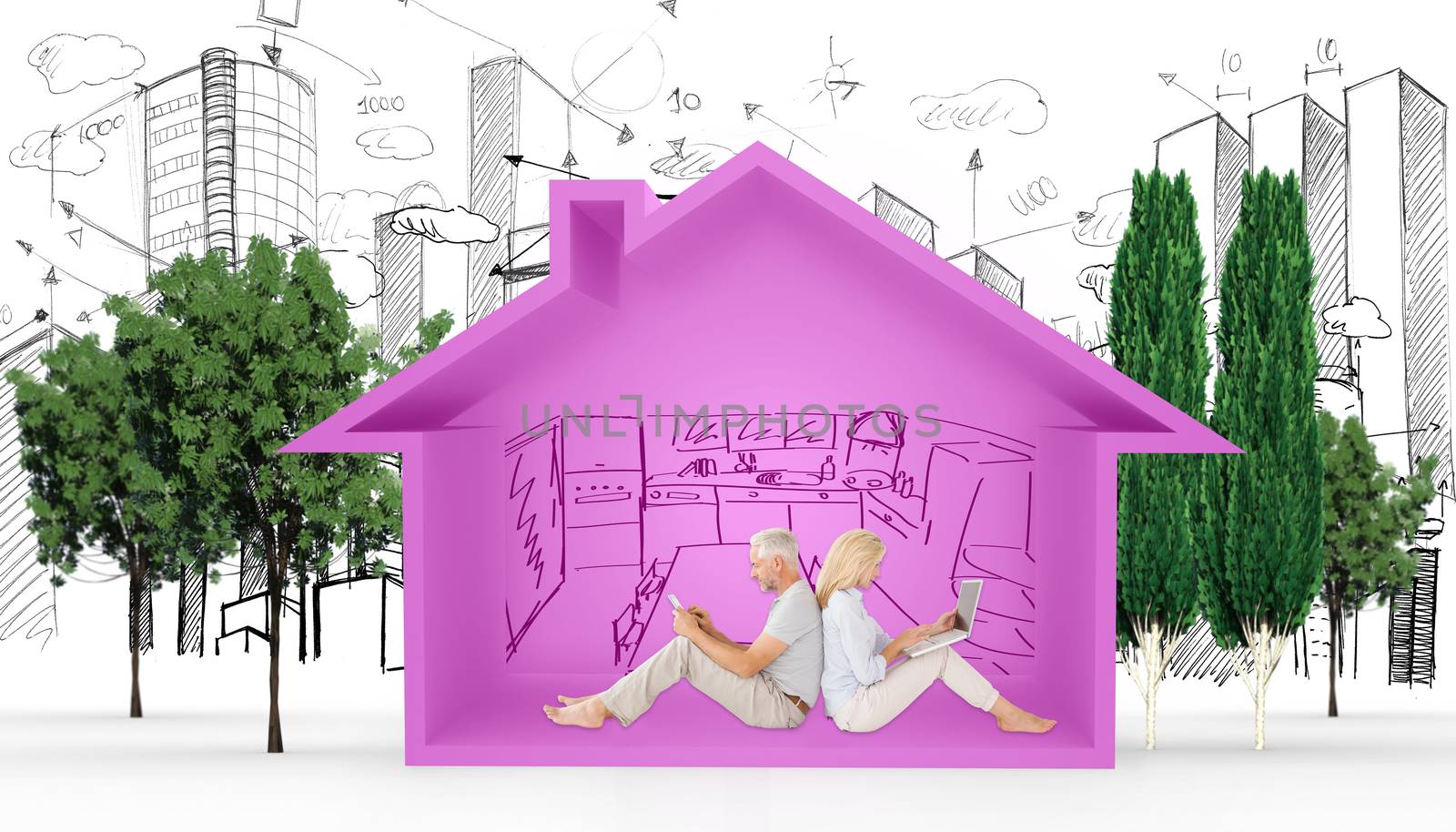 Couple sitting against while using technology against house shape with kitchen sketch