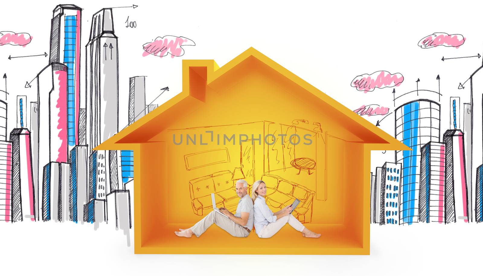 Portrait couple sitting against while using technology against house shape with living room sketch