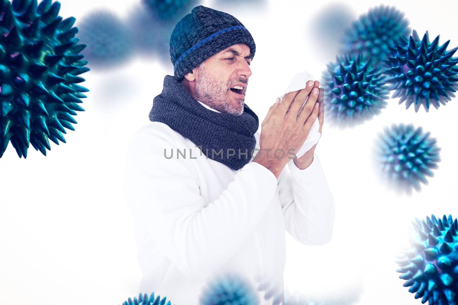 Sick man in winter fashion sneezing against virus