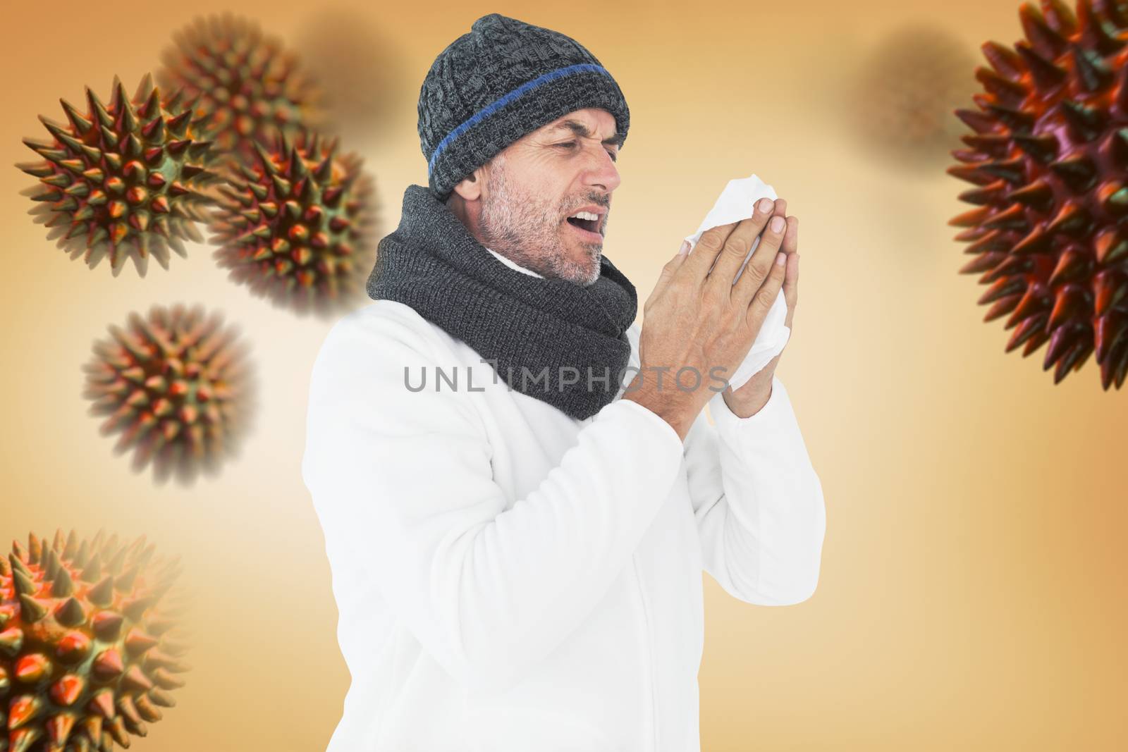 Sick man in winter fashion sneezing against orange vignette