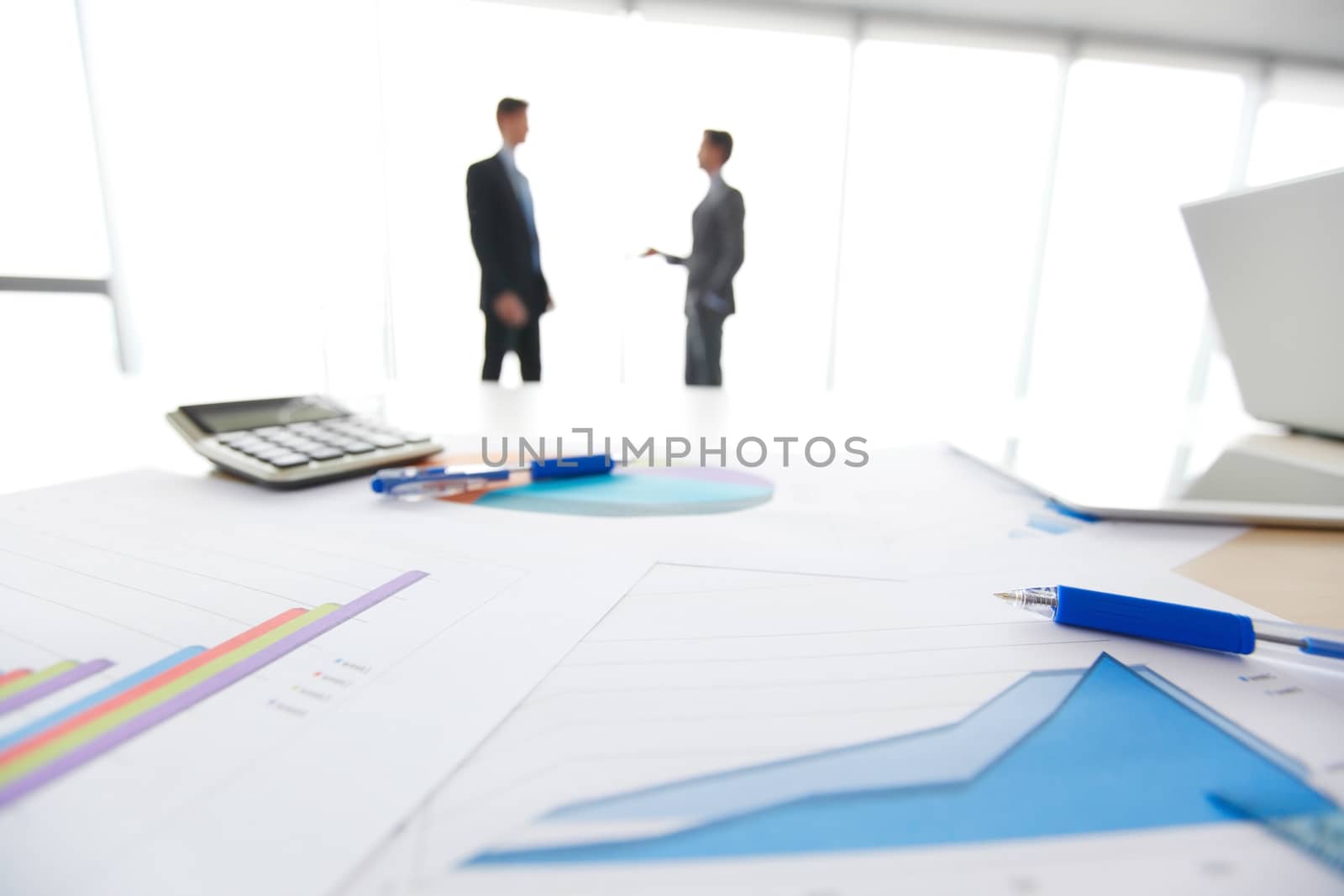 Businessmen and financial documents with diagrams at modern workplace 