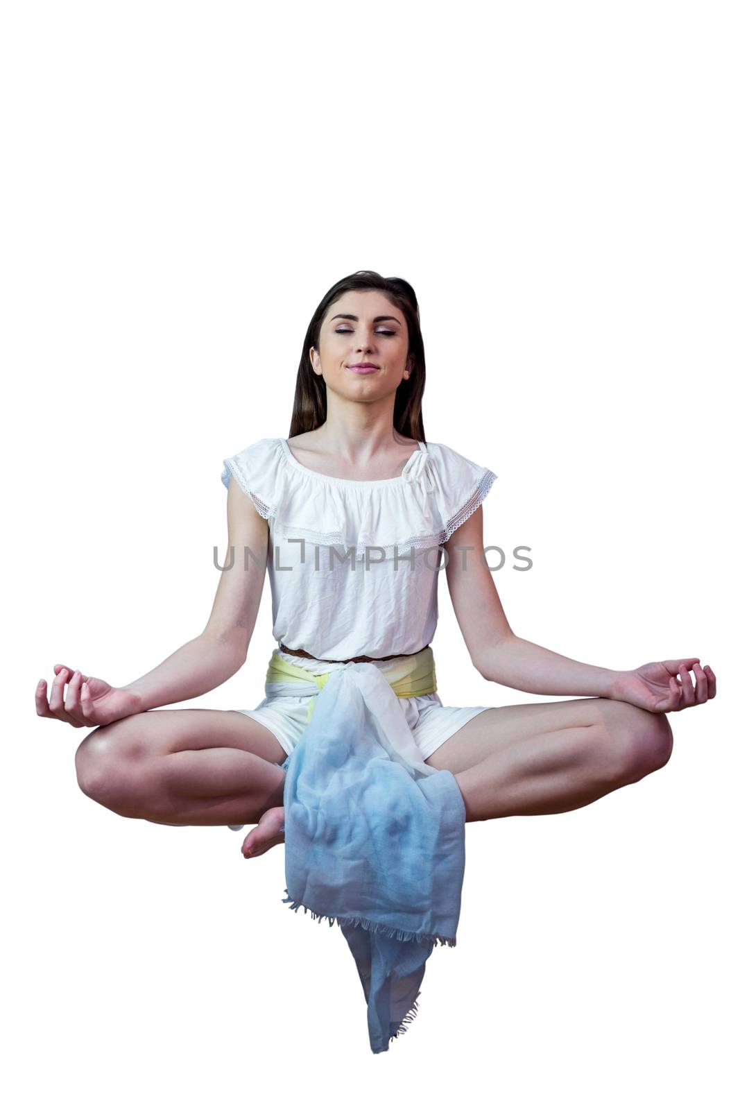 Girl in white dress floating in air on white background