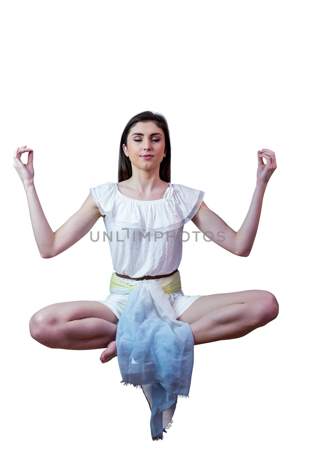 Girl in white dress floating in air on white background