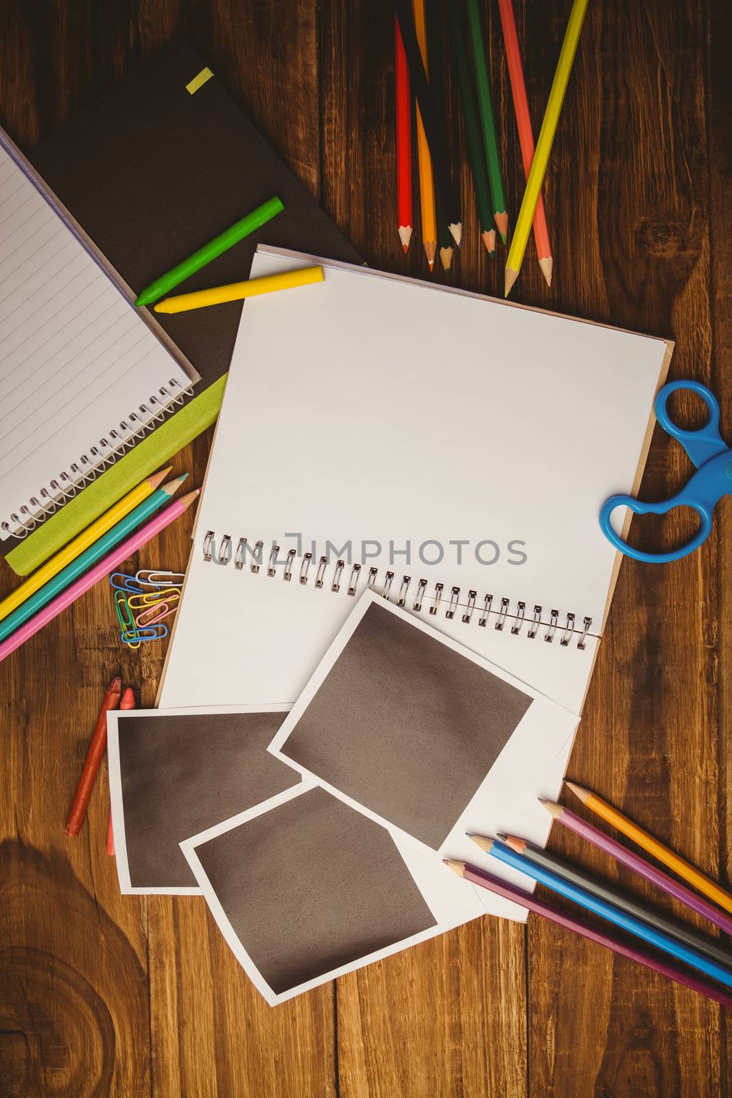 School supplies on desk with copy space shot in studio
