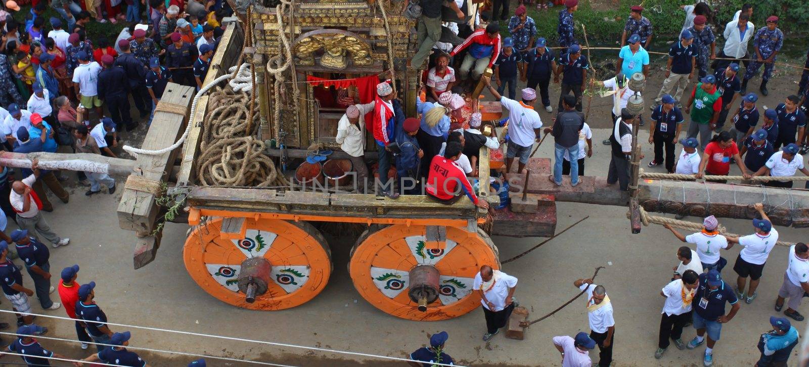 NEPAL, Patan: The restored chariot is prepped in Patan, Nepal as Hindu and Buddhist devotees celebrate the festival of rain god Rato Machindranath on September 22, 2015. The festival takes place each April, but was delayed this year after a devastating earthquake damaged the chariot that devotees pull through the area in the hope of securing a good harvest.