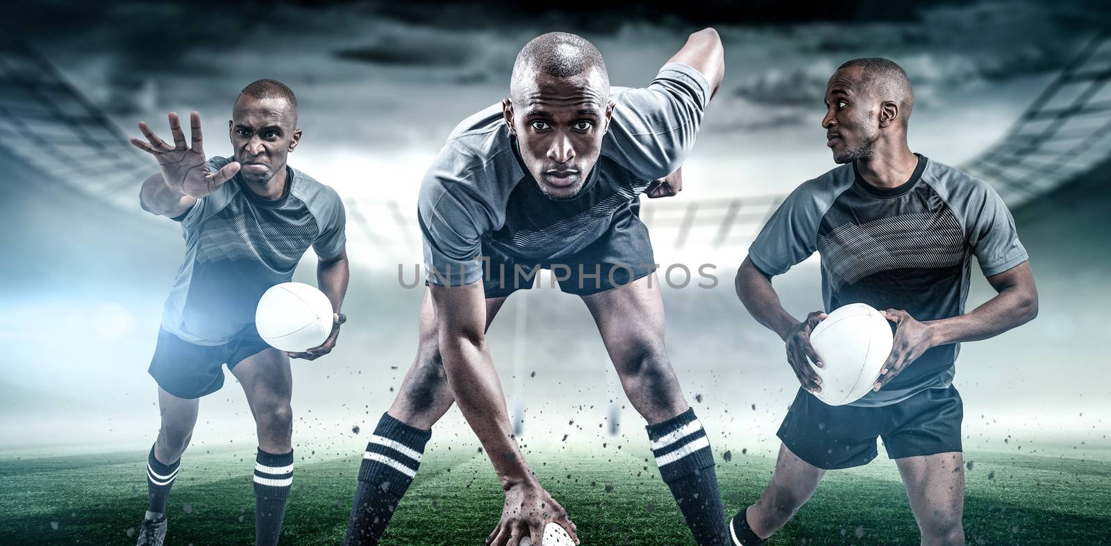 Rugby player with ball running against rugby stadium