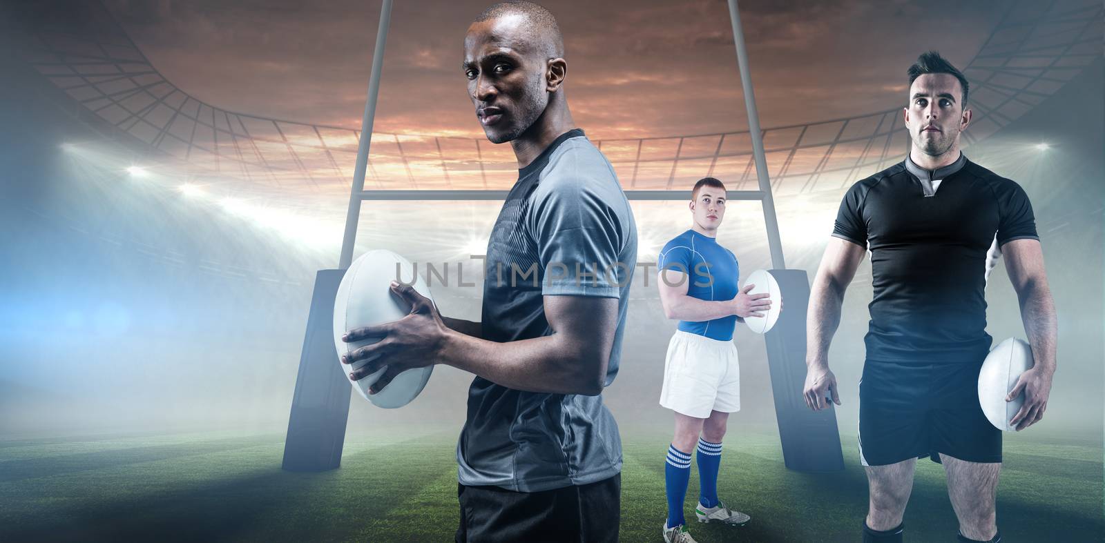 Rugby player holding rugby ball against rugby stadium