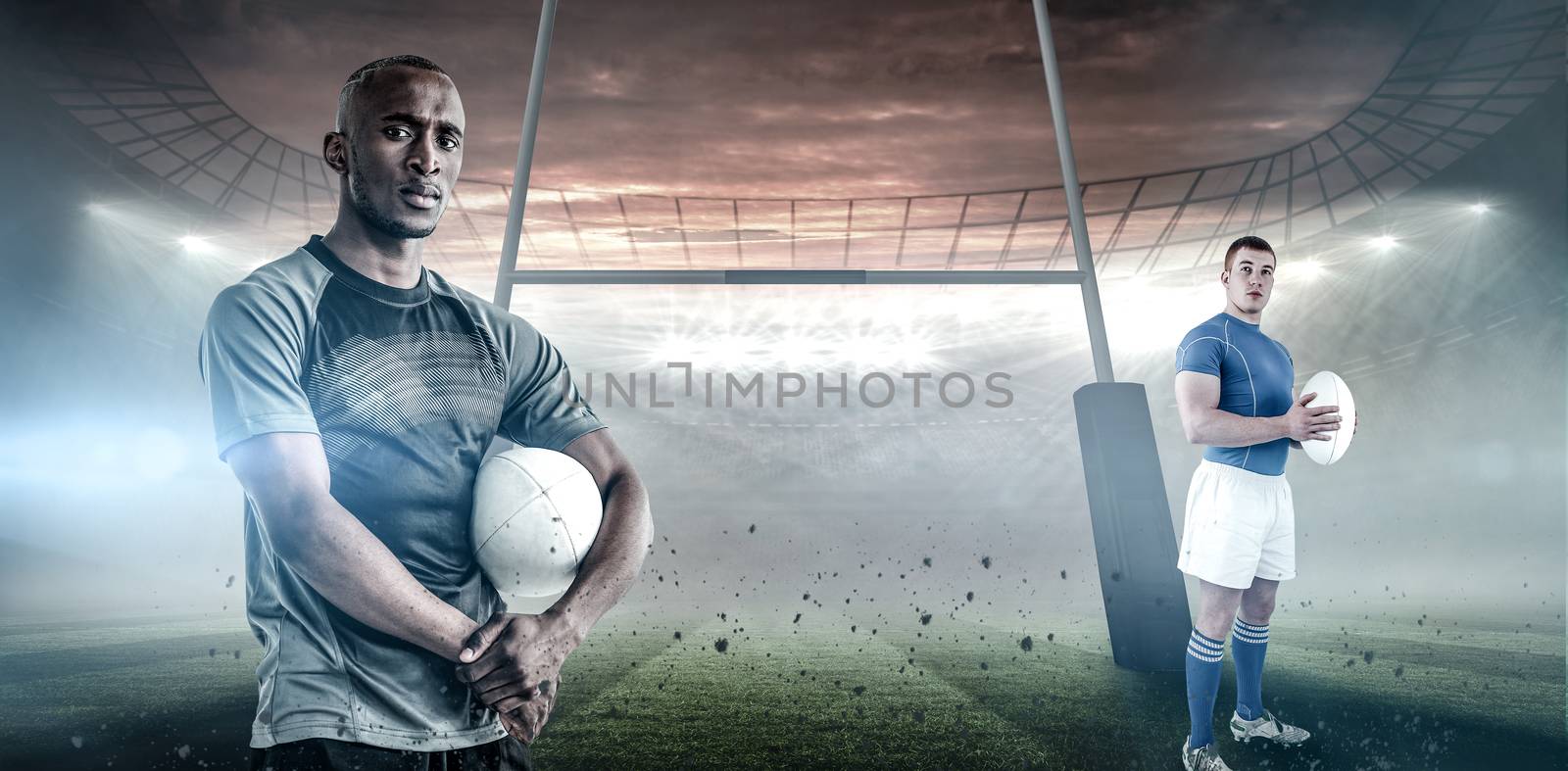 Rugby player holding rugby ball against rugby stadium