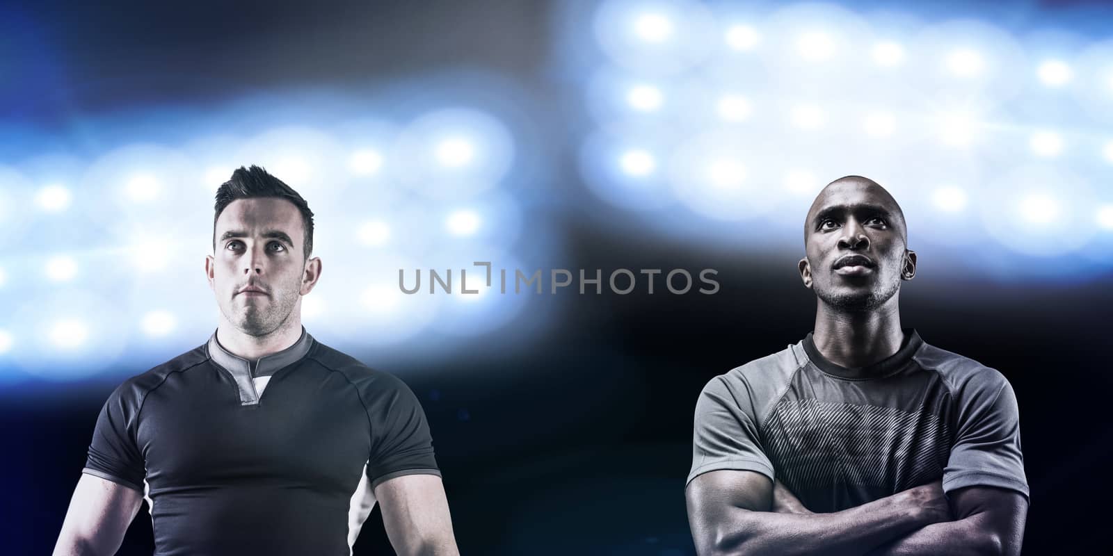 Composite image of thoughtful rugby player with arms crossed by Wavebreakmedia
